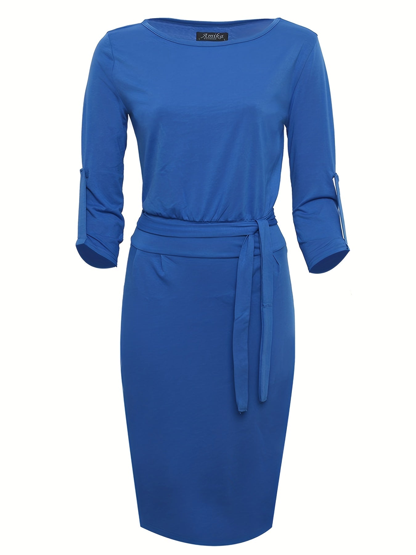Antmvs Solid Simple Dress, Elegant Crew Neck Bodycon Knee Length Dress, Women's Clothing
