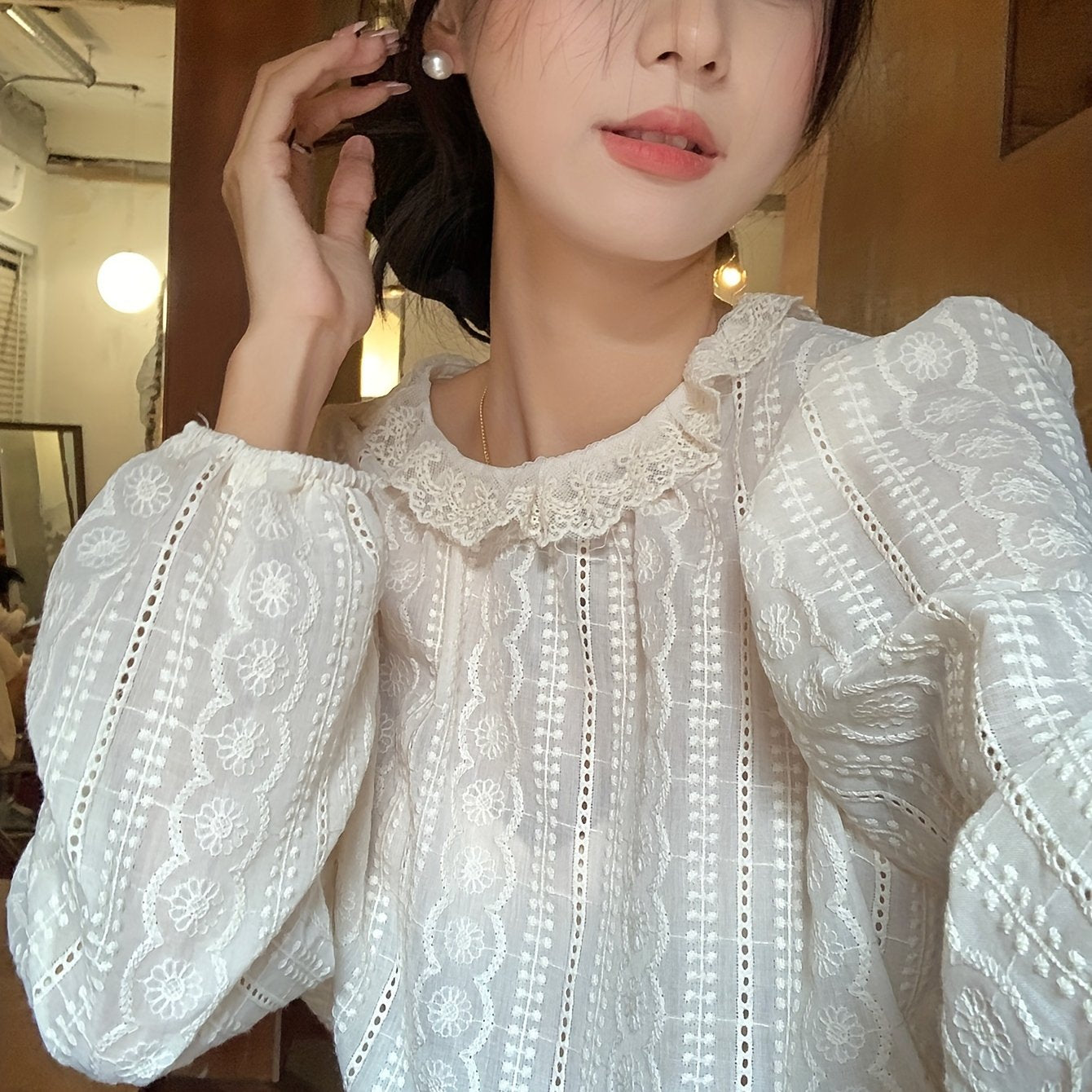 Antmvs Contrast Lace Solid Blouse, Casual Crew Neck Lantern Sleeve Blouse, Women's Clothing