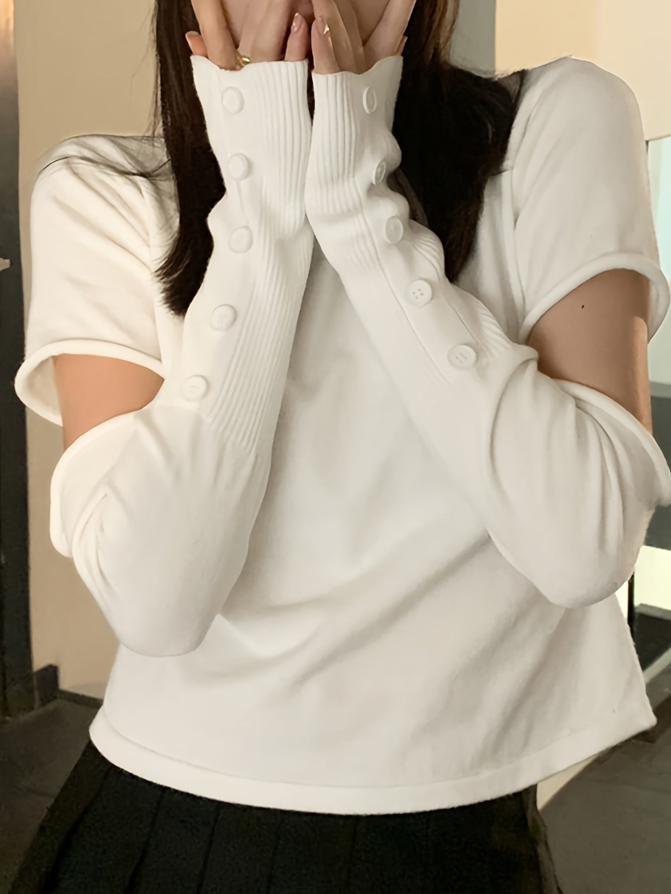 Antmvs Solid Fake Button Pullover Sweatshirt, Casual Removable Stitching Long Sleeve Turtle Neck Sweatshirt, Women's Clothing