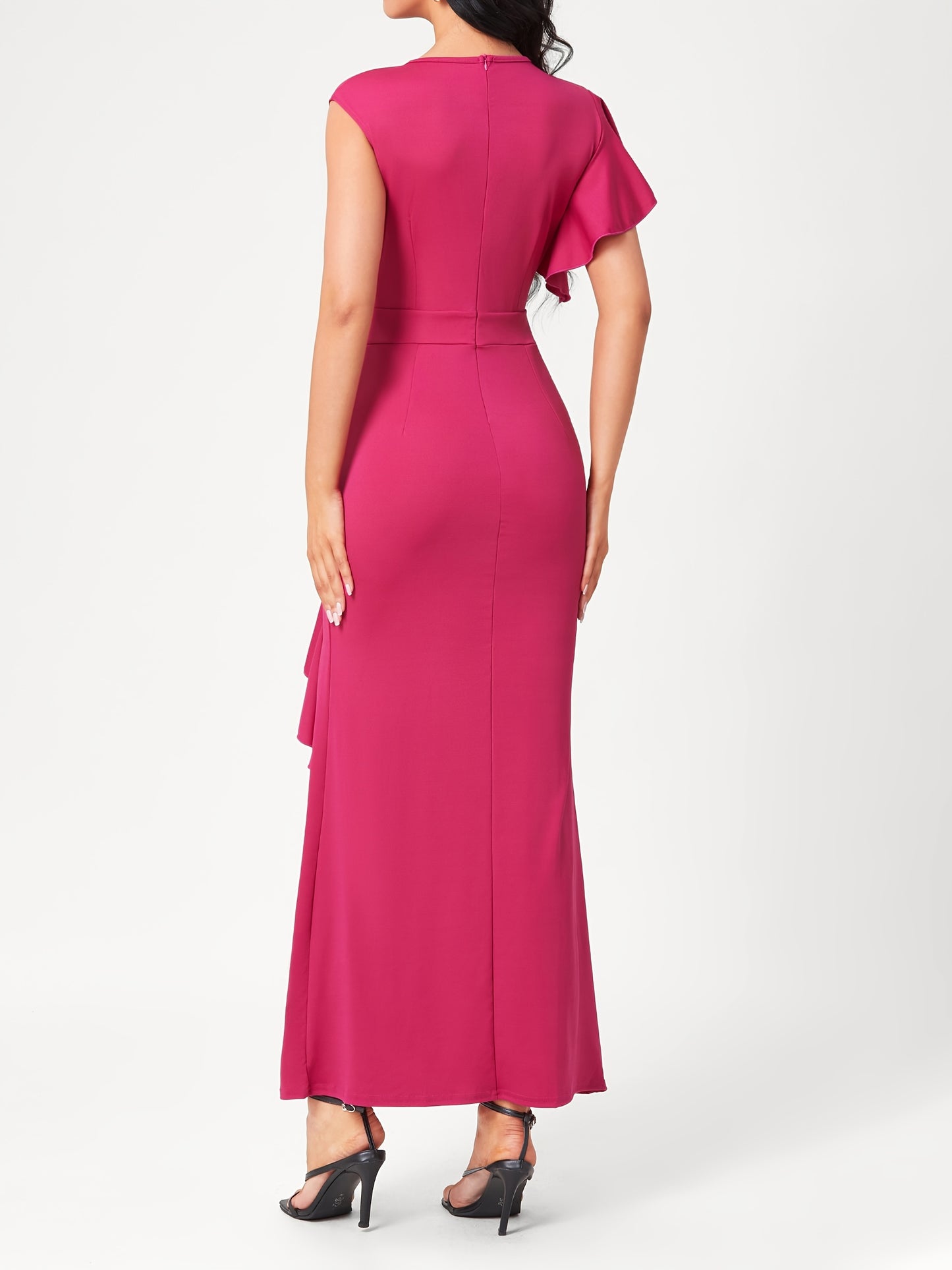 Antmvs Ruffle Trim Split Asymmetrical Dress, Elegant Solid Bodycon Party Dress, Women's Clothing
