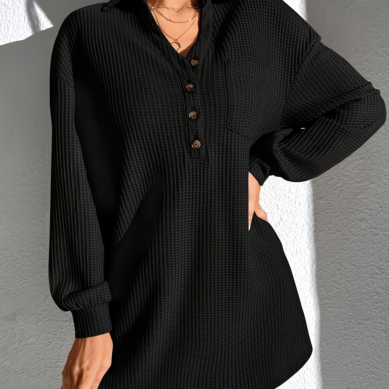 Antmvs Solid Waffle Button Down Dress, Casual Long Sleeve Dress, Women's Clothing