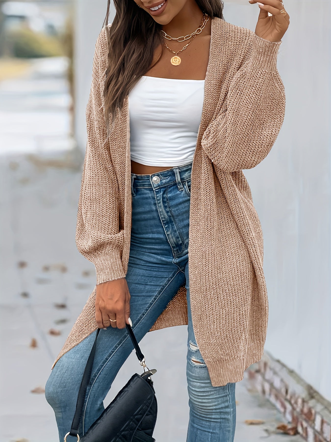 Antmvs Open Front Vintage Cardigan, Loose Long Sleeve Sweaters, Casual Long Knitwear Coat, Women's Clothing