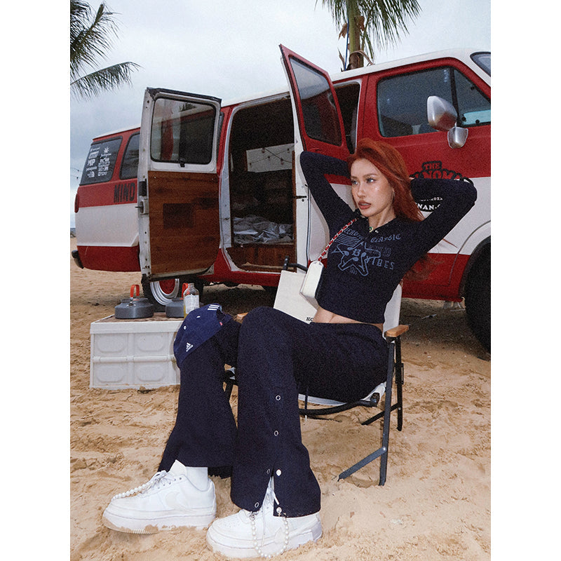 Antmvs BeerBro Navy Blue American Spice Girls Polo Neck Knit Top Button Up Casual Wide Leg Pants Matching Set