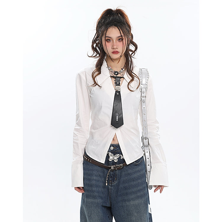 Antmvs Neo Basic Minimalist V-Neck Short Versatile Long Sleeve Office Shirt Top