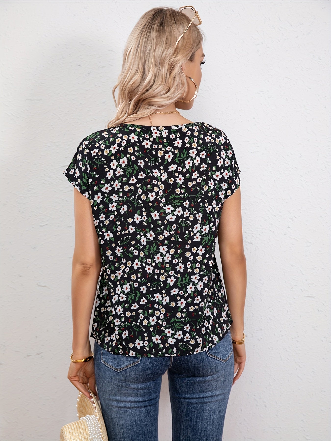Antmvs Floral Print Crew Neck Blouse, Casual Short Sleeve Blouse For Spring & Summer, Women's Clothing