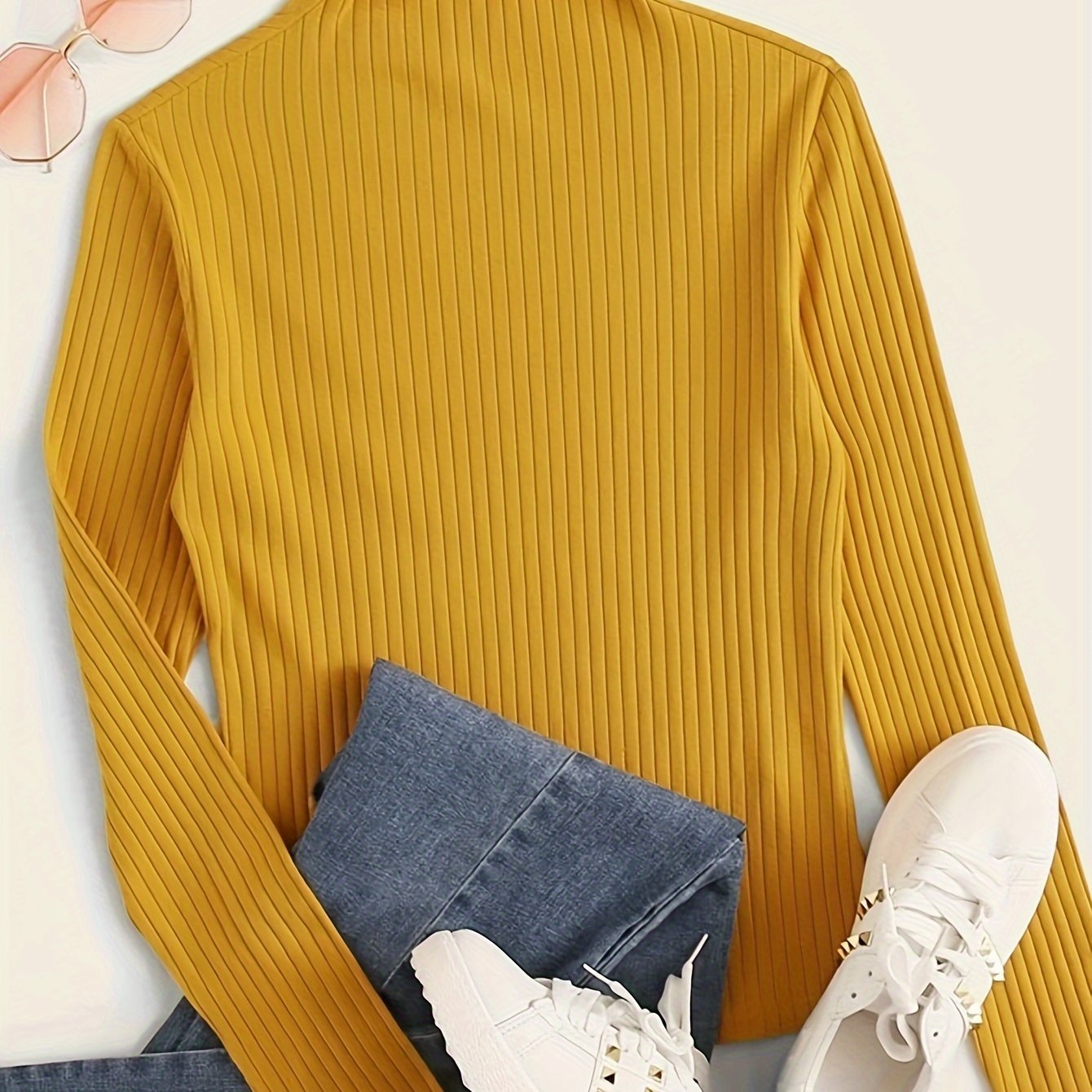 Antmvs Solid Ribbed Mock Neck T-Shirt, Casual Long Sleeve Top For Spring & Fall, Women's Clothing