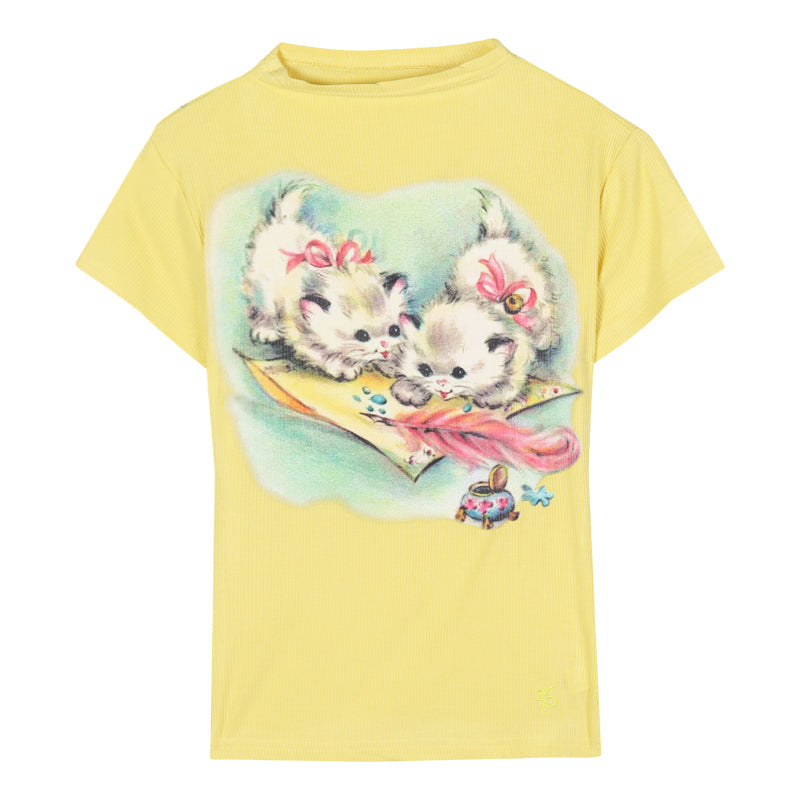 Antmvs Willa Solid Color Graphic Cat Image Print Slim Summer Cropped Top