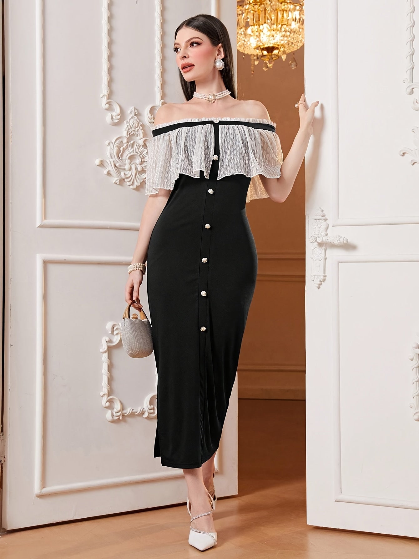 Antmvs Off-shoulder Lace Cape Dress, Chic Split Hem Slim Dress For Spring & Summer, Women's Clothing