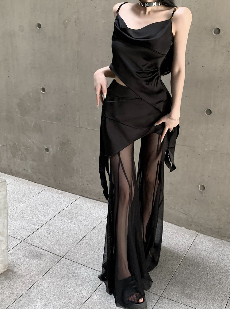 Antmvs Vienna Solid Color Black Spaghetti Strap Pleated Square Neck Asymmetrical Top + High Waist Patchwork Long Sheer Skirt Pants Matching Set