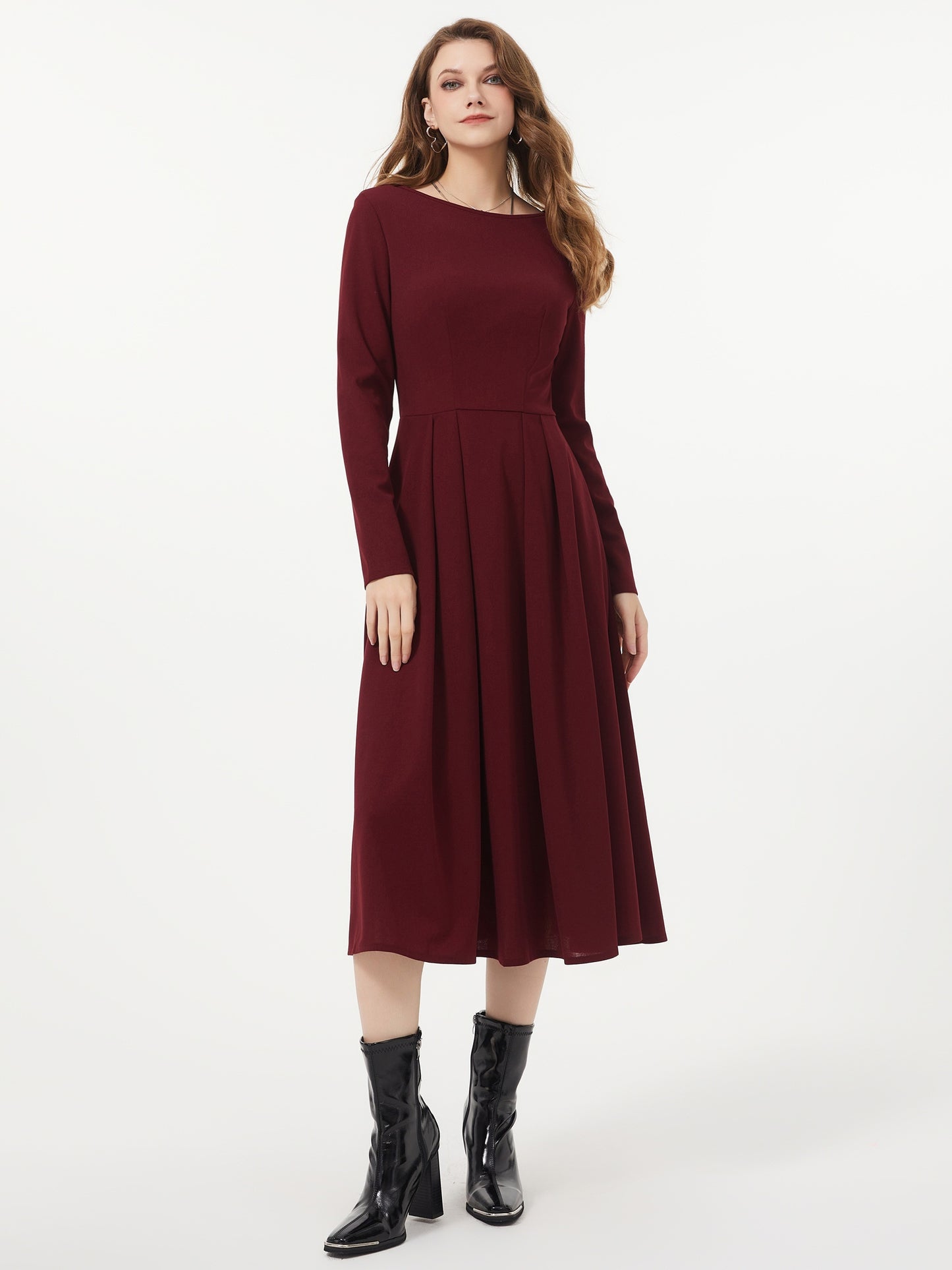Antmvs Solid Color Crew Neck Dress, Elegant Long Sleeve Pleated Dress, Women's Clothing
