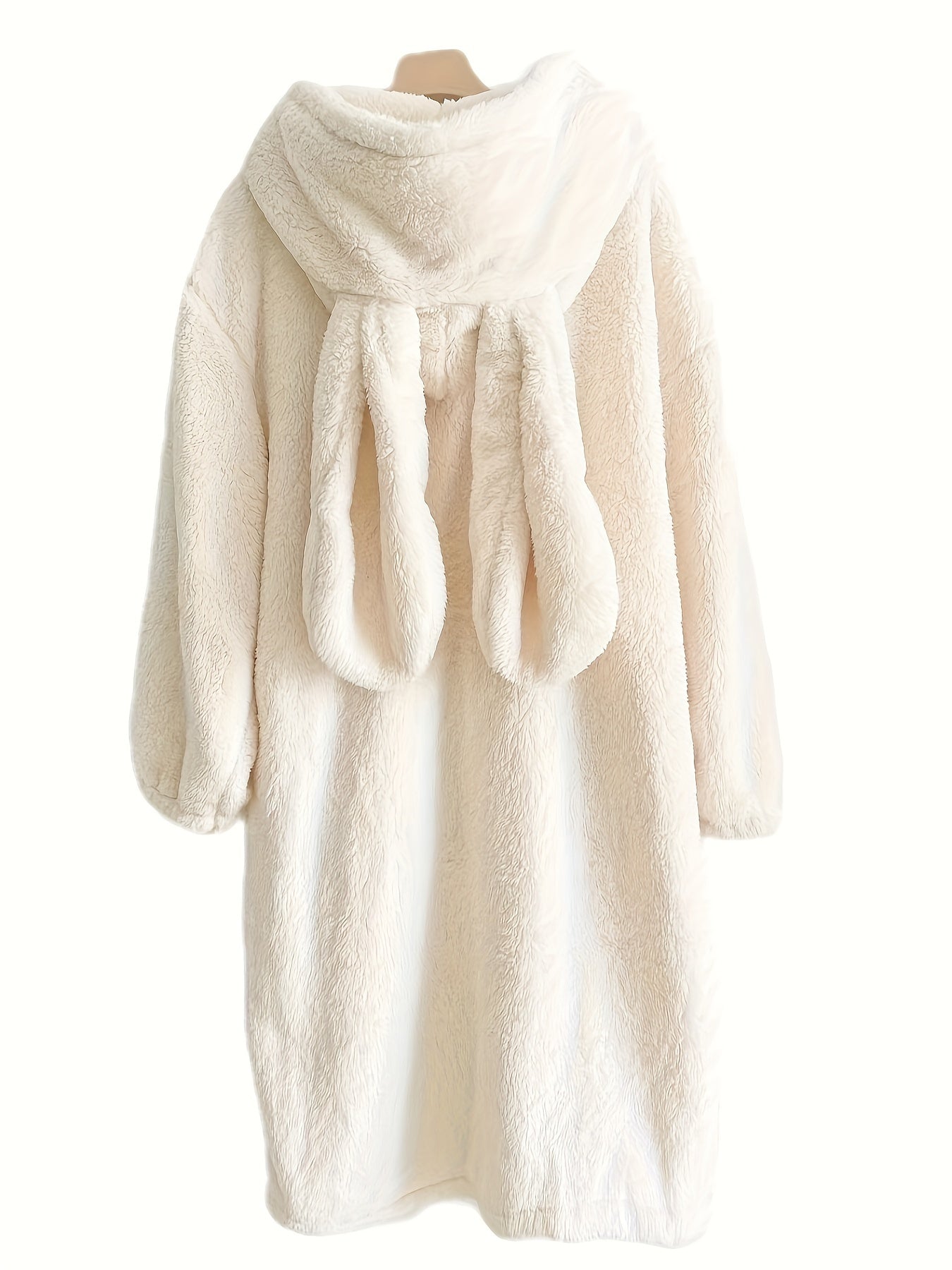 Antmvs Cute Rabbit Hooded Fleece Night Robe, Thickened Long Sleeve Button Up Robe With Pockets, Women's Sleepwear & Dresses