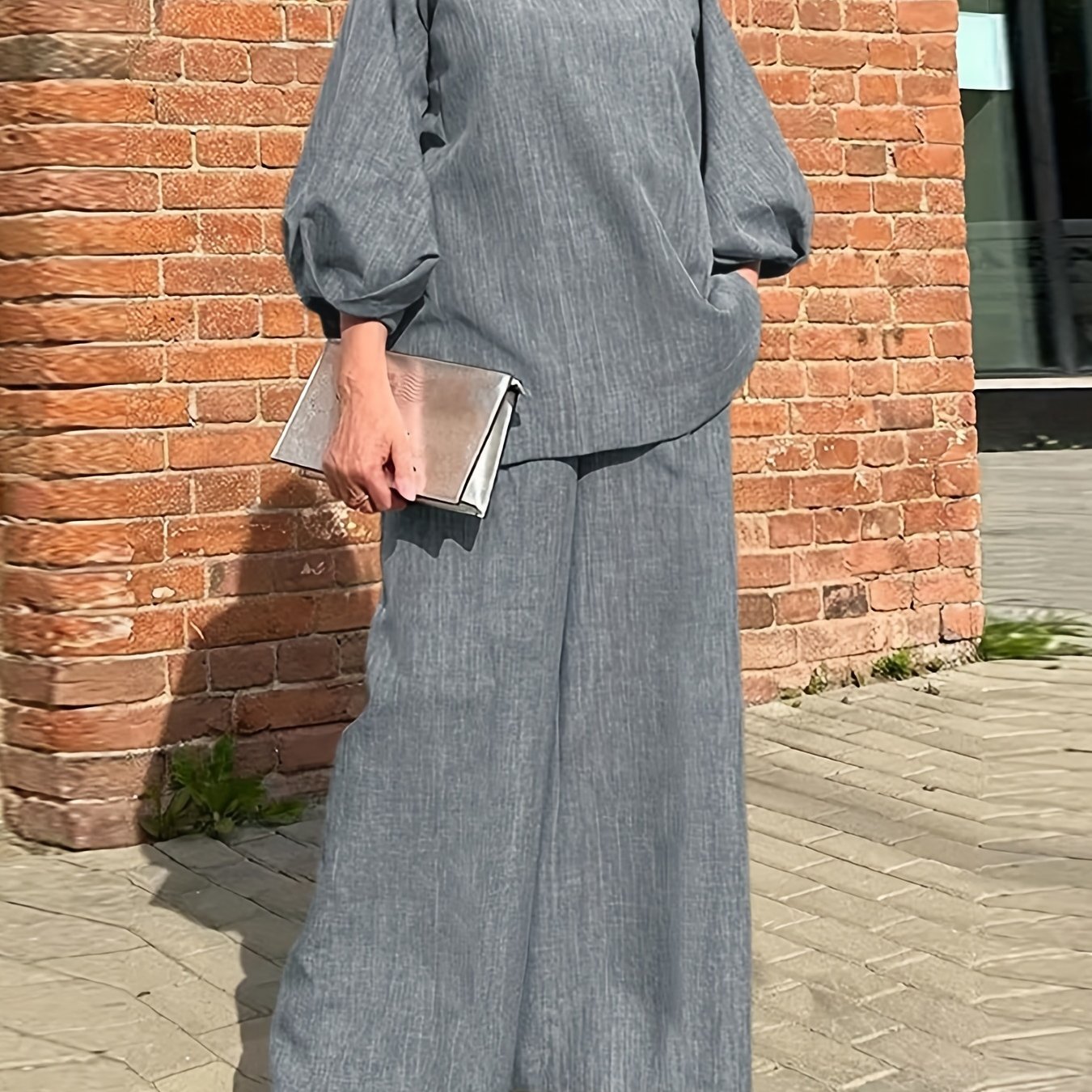 Antmvs Solid Casual Two-piece Set, V Neck Lantern Sleeve Tops & Wide Leg Pants Outfits, Women's Clothing