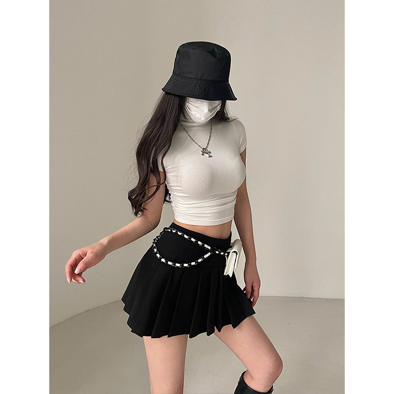 Antmvs Norma Solid Color Short Sleeve Turtleneck Slim Cropped Top