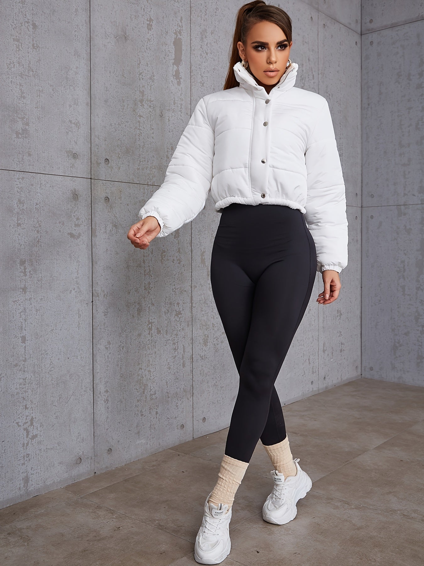 Antmvs Button Front Zip Up Padded Coat, Casual Winter Warm Long Sleeve Outerwear, Women's Clothing