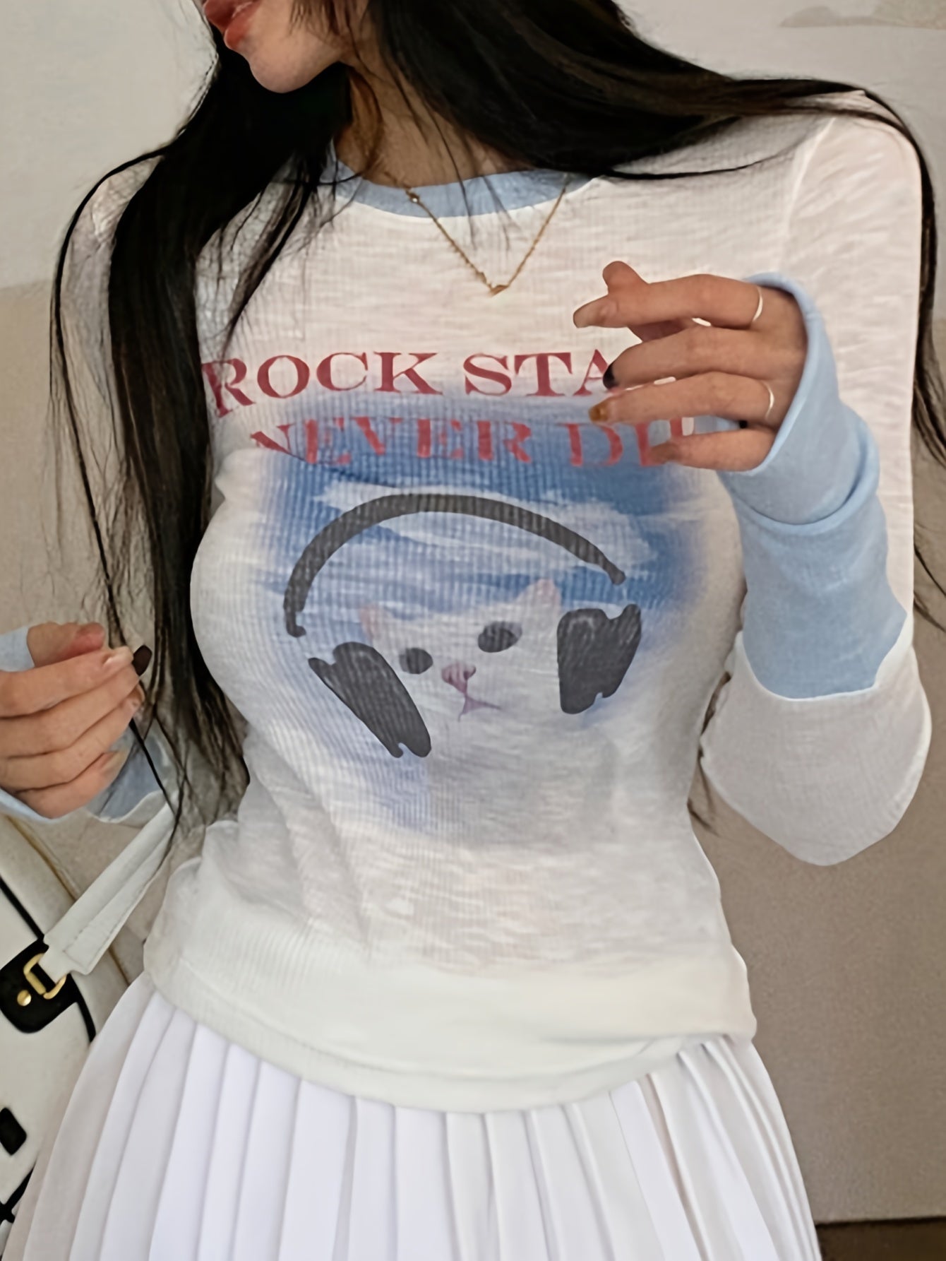 Antmvs Cute Cat & Letter Print Contrast Trim T-shirt, Casual Long Sleeve Crew Neck Slim Top, Women's Clothing