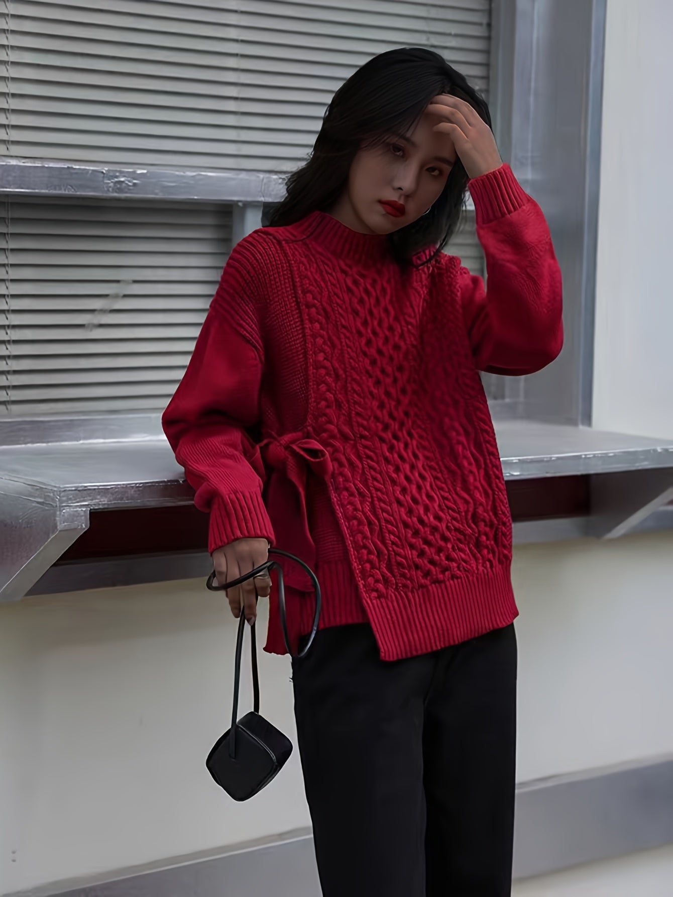 Antmvs Solid Lace Up Cable Knit Sweater, Casual Mock Neck Long Sleeve Loose Pullover Sweater, Women's Clothing