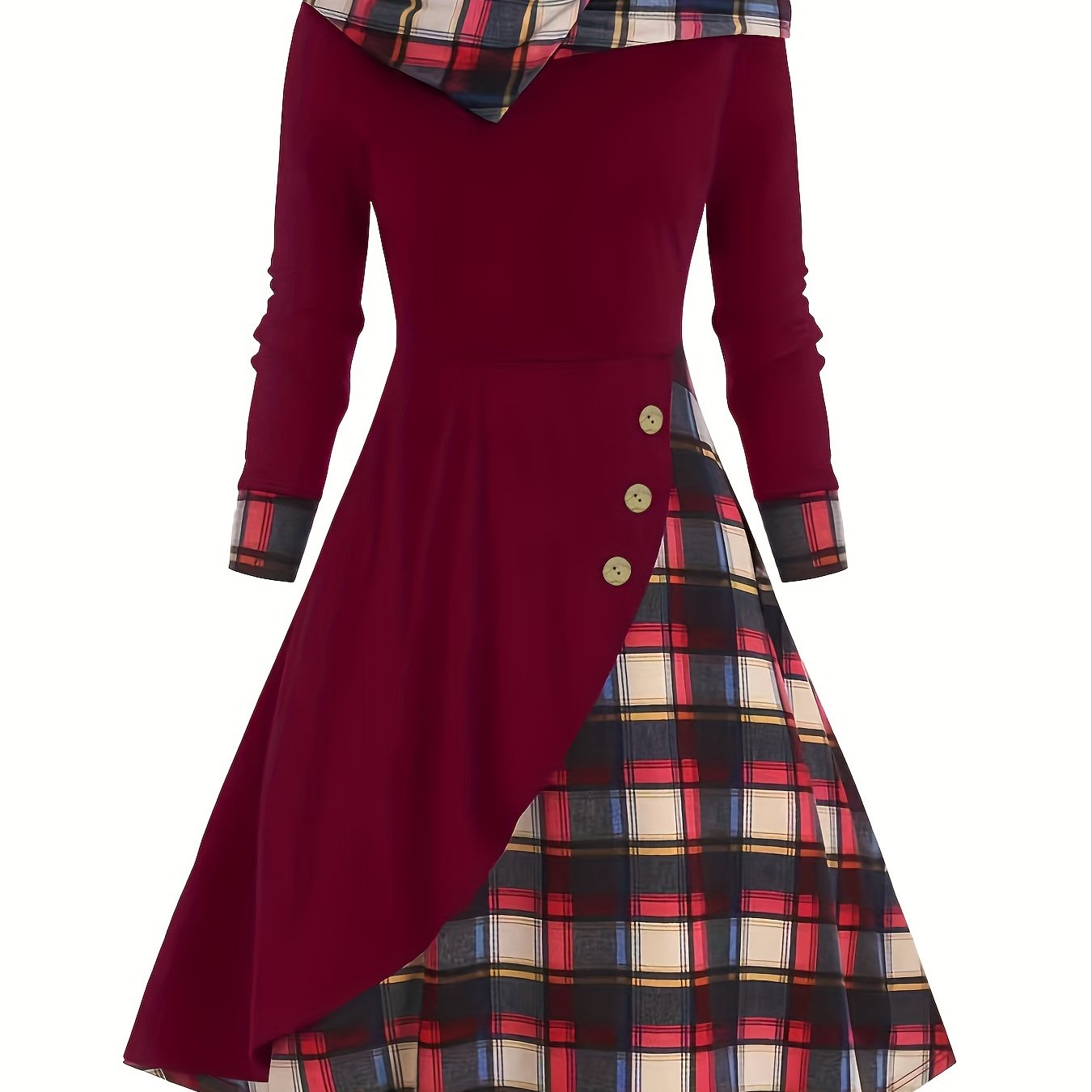 Antmvs Color Block Plaid Midi Dresses Sexy Nightclub Long Sleeve Hooded Cloak Hoodie Dress Victorian Pirate Millennial Frock
