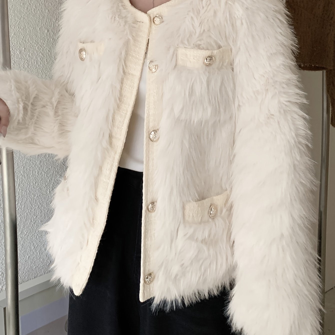 Antmvs Faux Fur Button Front Coat, Chic Thermal Long Sleeve Coat For Fall & Winter, Women's Clothing