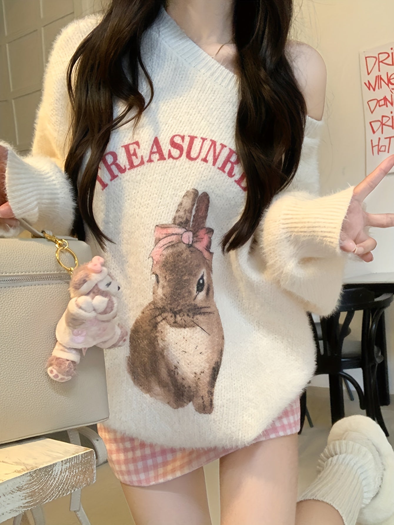 Antmvs Rabbit & Letter Pattern Knitted Sweater, Casual Crew Neck Long Sleeve Pullover Sweater For Fall & Winter, Women's Clothing