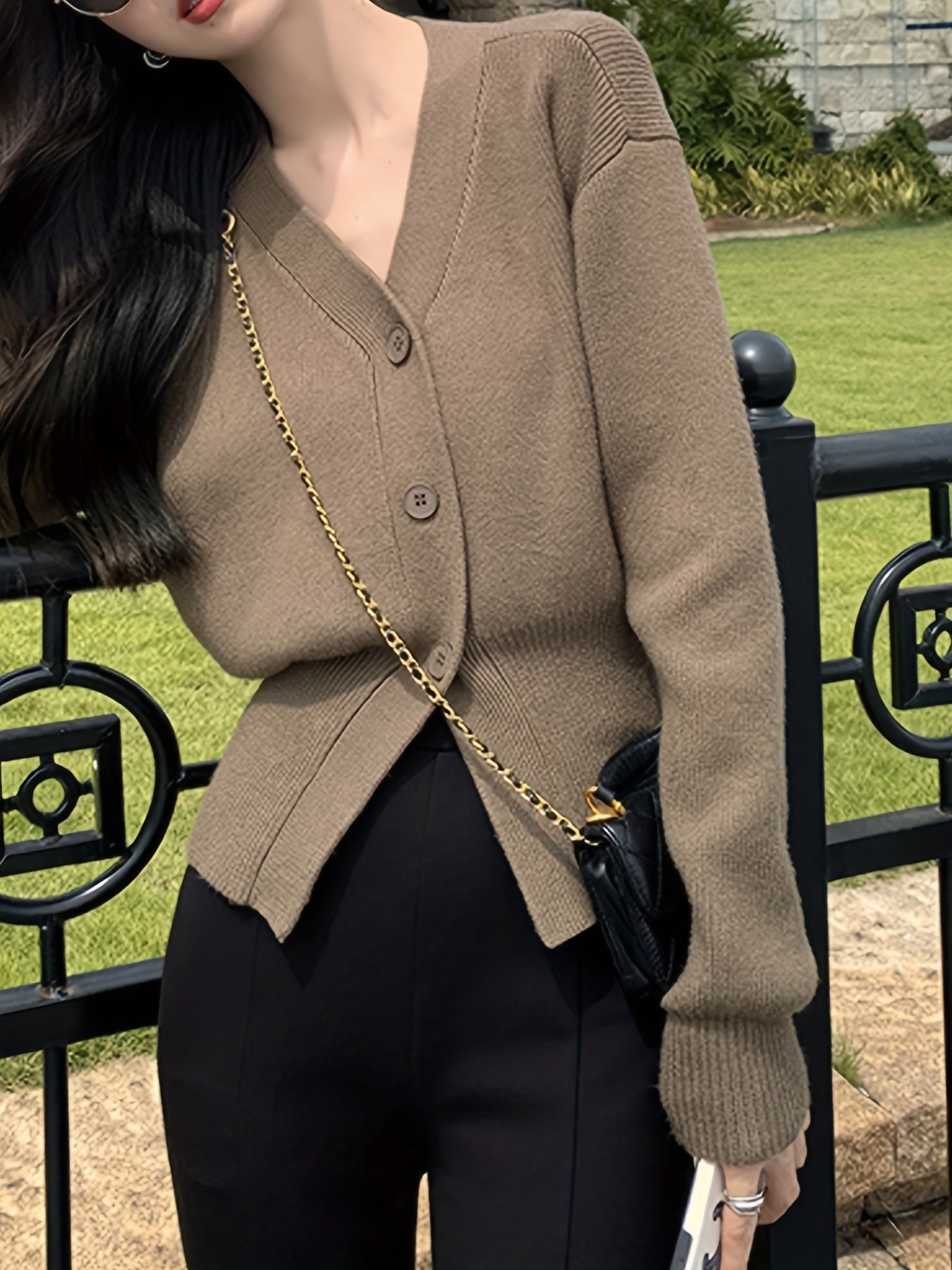 Antmvs Solid Button Front Knit Cardigan, Elegant Long Sleeve Sweater For Spring & Fall, Women's Clothing