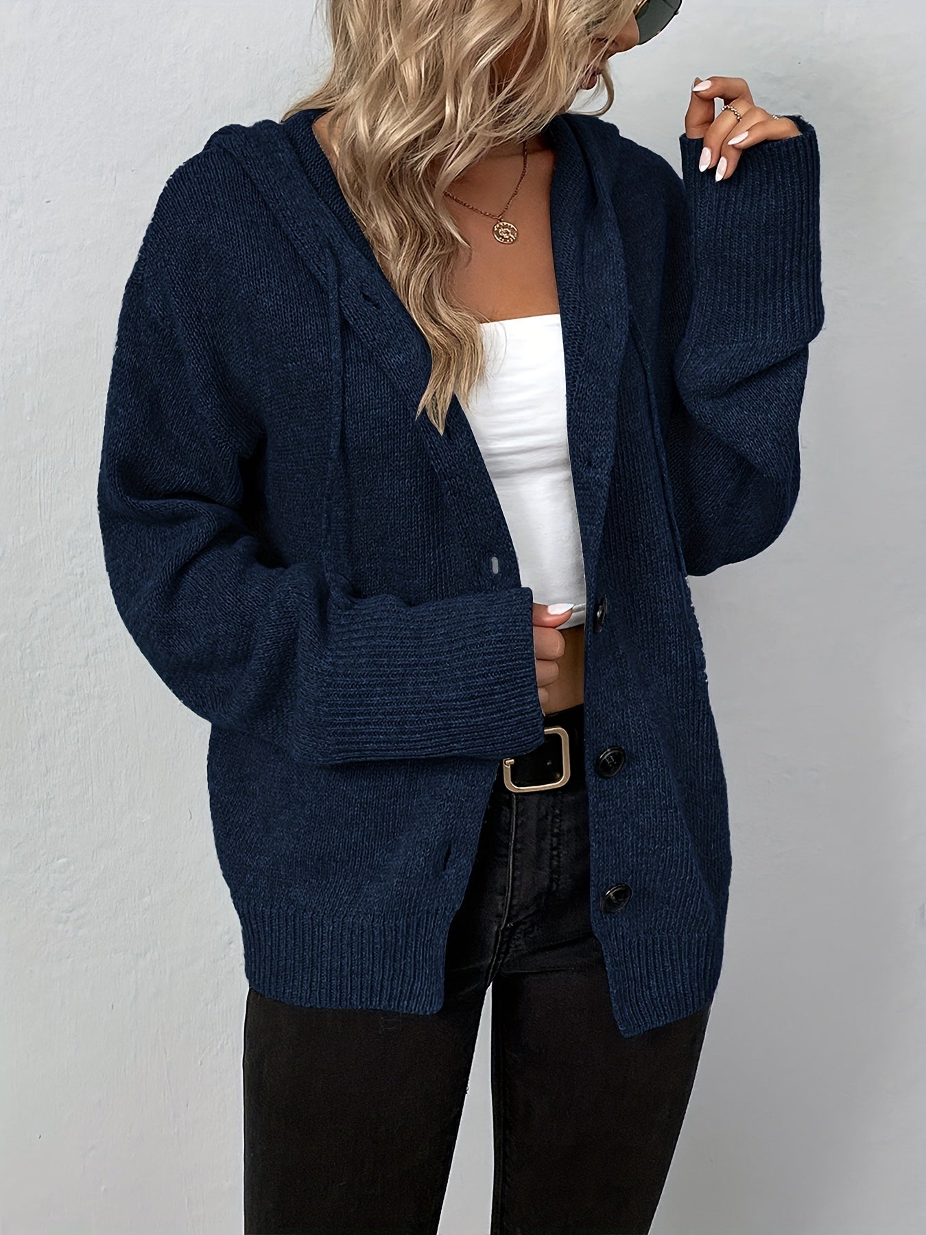Antmvs Button Up Drawstring Hooded Cardigan, Causal Solid Long Sleeve Cardigan For Spring & Fall, Women's Clothing