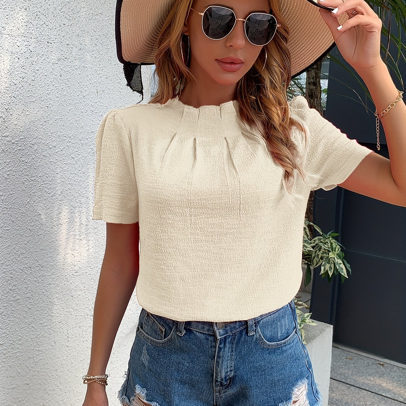 Antmvs Ruched Keyhole Blouse, Elegant High Neck Keyhole Short Sleeve Blouse, Women's Clothing