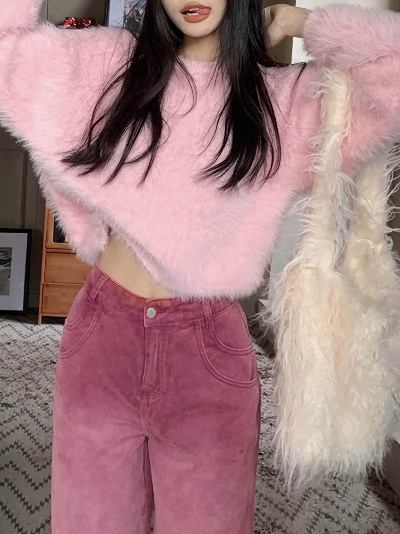 Antmvs Solid Color Faux Fur Crew Neck Sweater, Chic Long Sleeve Sweater For Fall & Winter, Women's Clothing