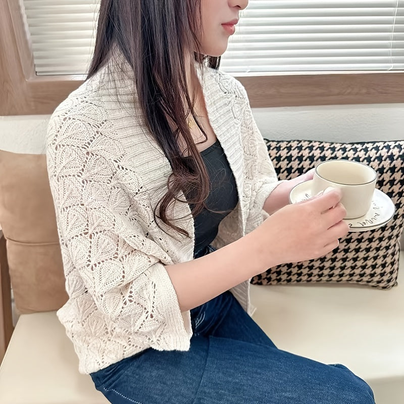Antmvs Hollow Out Knitted Cardigan Solid Color Elegant Outwear Shawl Casual Outdoor Wrap For Women