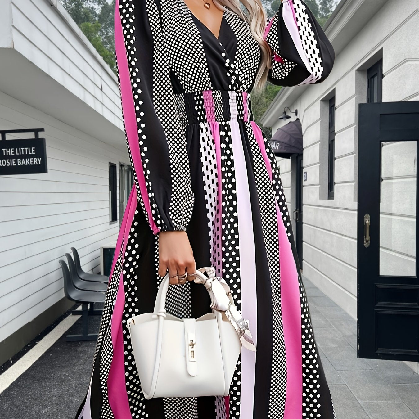 Antmvs Striped Print Shirred Waist Dress, Casual V Neck Long Sleeve Dress, Women's Clothing