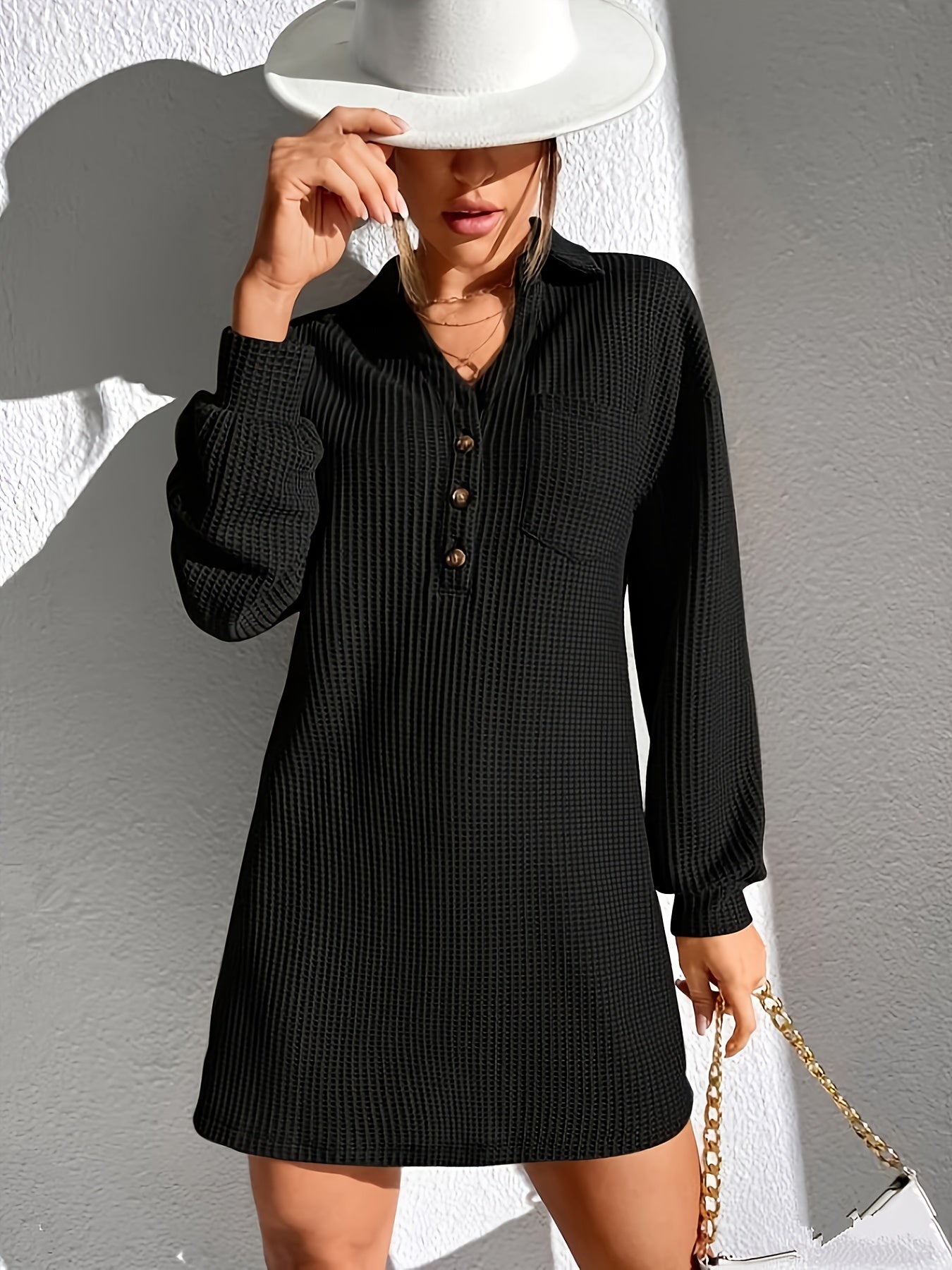 Antmvs Solid Waffle Button Down Dress, Casual Long Sleeve Dress, Women's Clothing