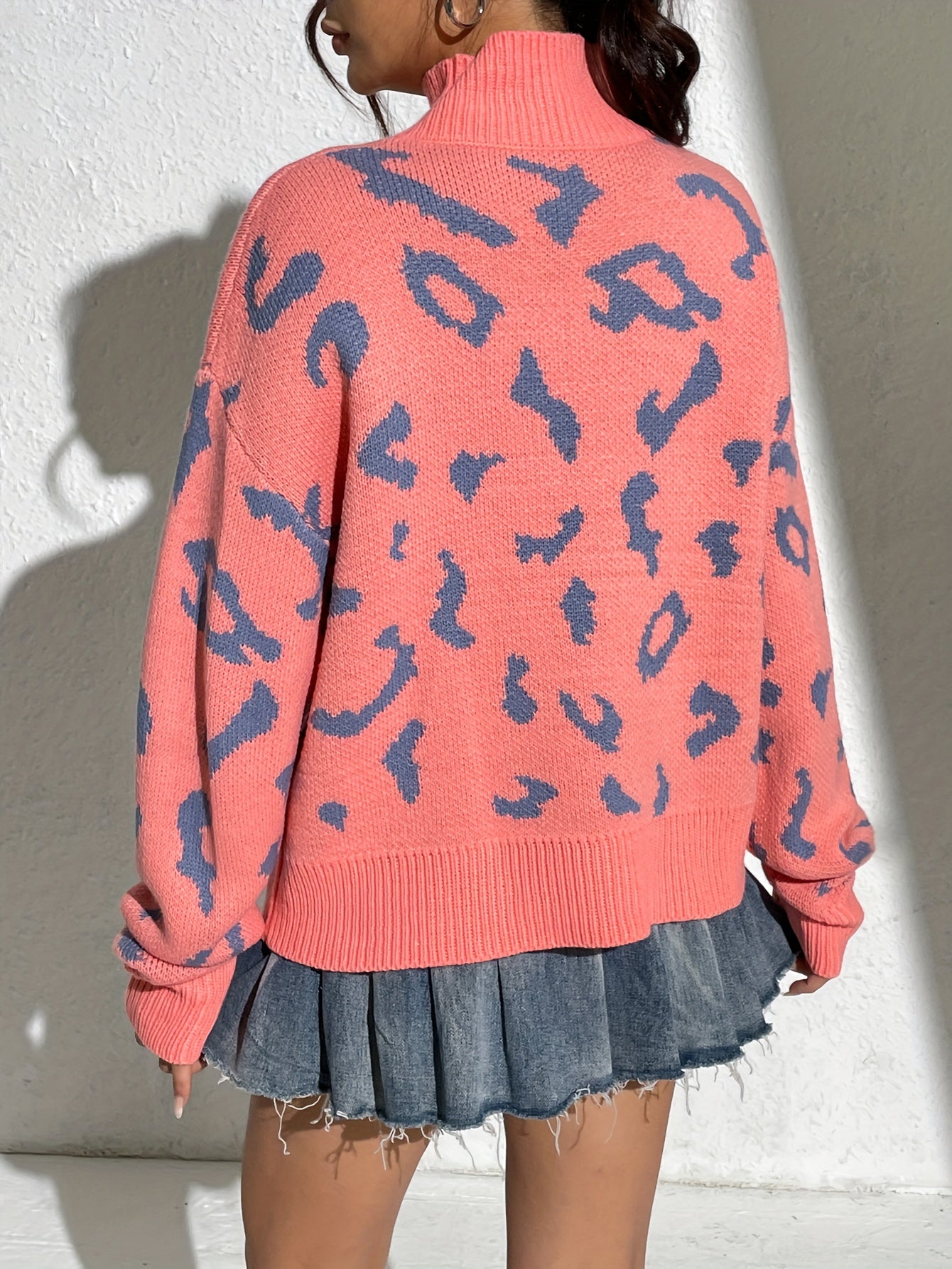 Antmvs Leopard Turtle Neck Pullover Sweater, Casual Long Sleeve Drop Shoulder Sweater, Women's Clothing