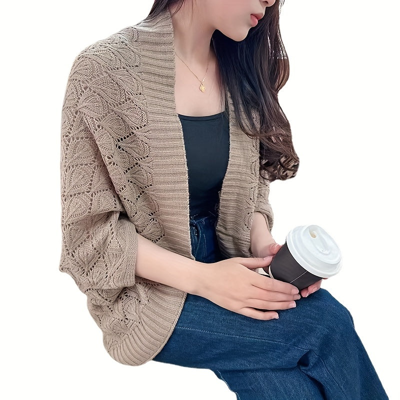 Antmvs Hollow Out Knitted Cardigan Solid Color Elegant Outwear Shawl Casual Outdoor Wrap For Women