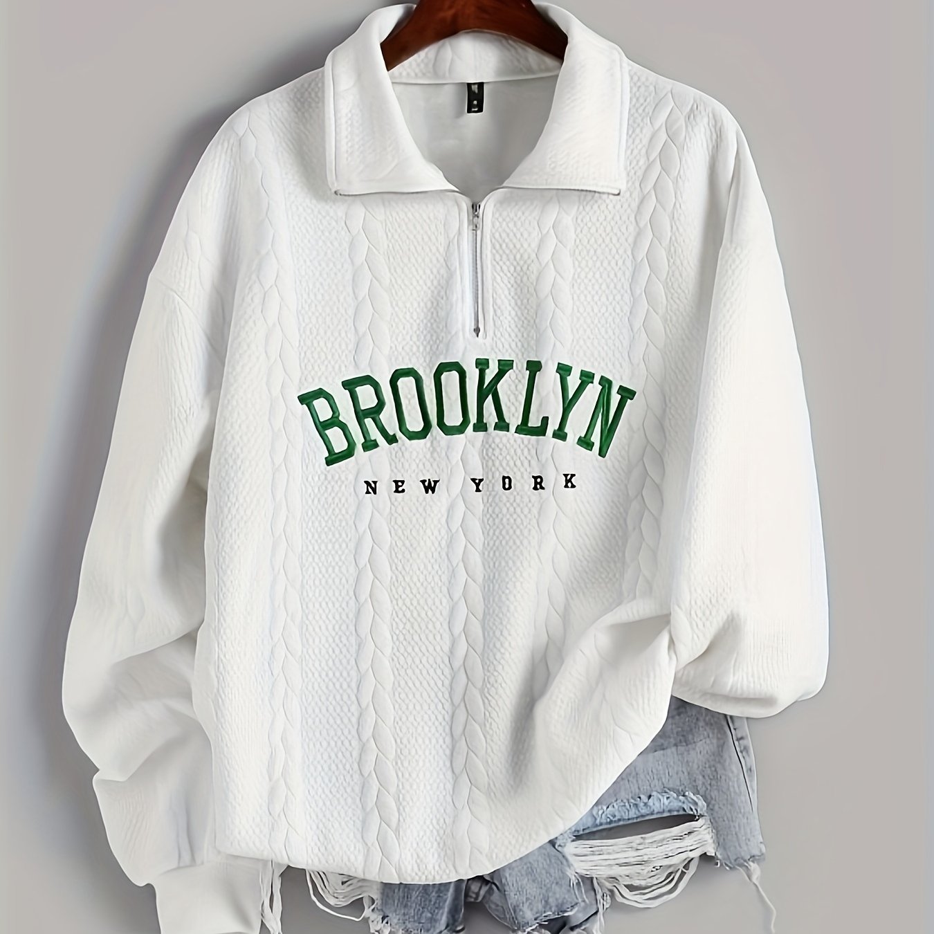Antmvs Twist Cable Texture Letter Print Sweatshirt, Casual Long Sleeve Half Zip Lapel Sweatshirt For Fall & Winter, Women's Clothing