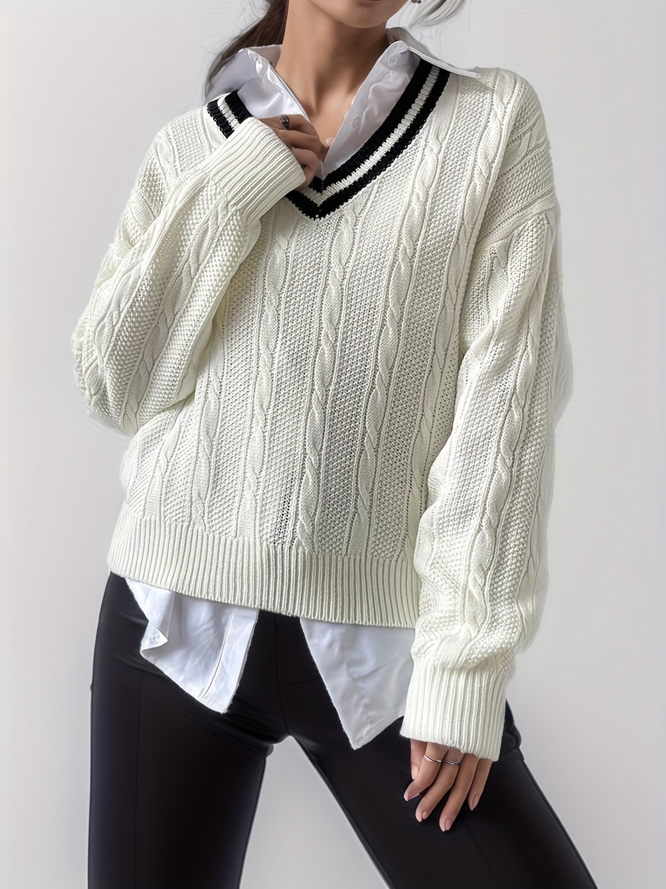 Antmvs V Neck Cable Knit Pullover Sweater, Casual Long Sleeve Drop Shoulder Sweater, Women's Clothing