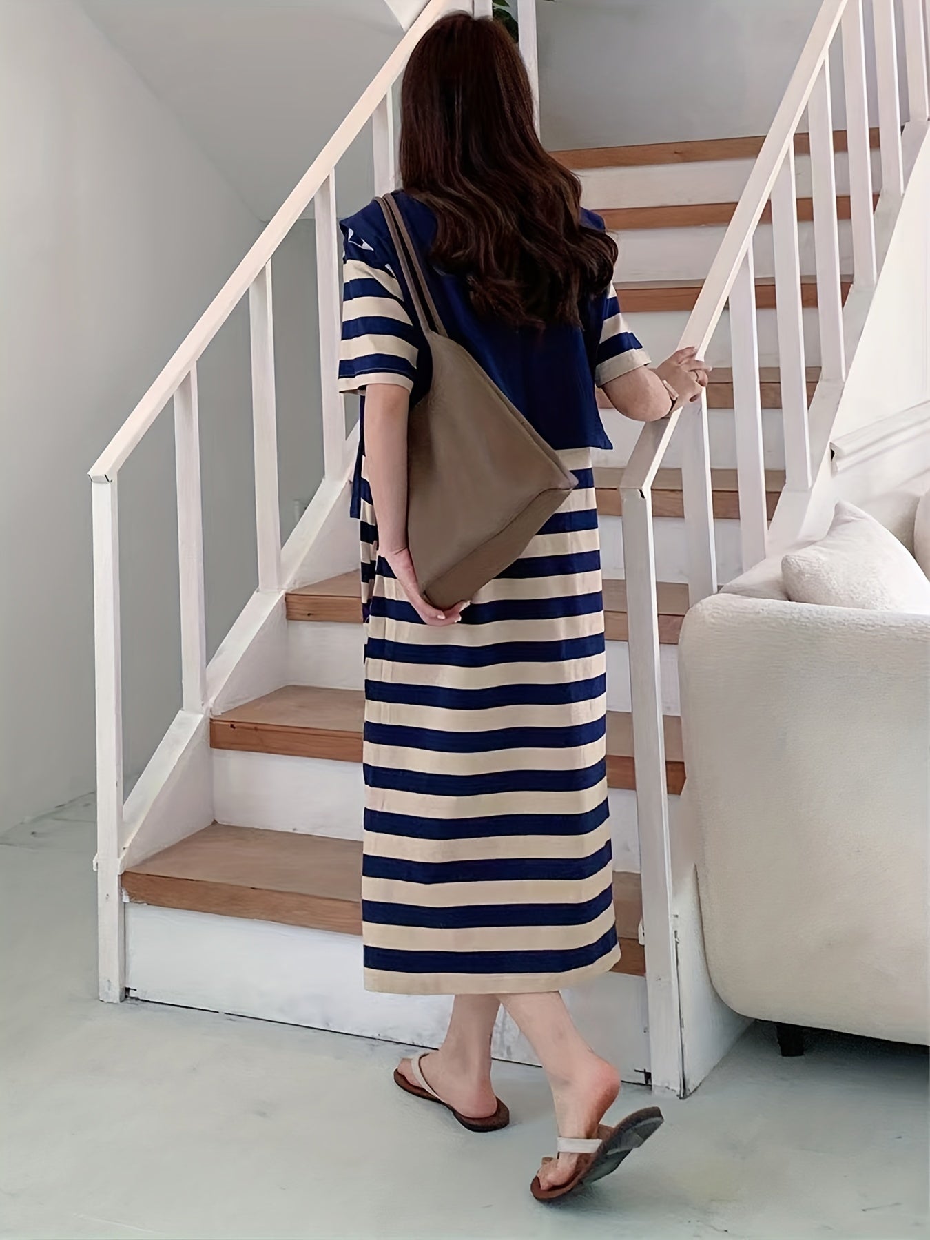 Antmvs Striped Print Crew Neck Dress, Casual Short Sleeve Summer Dress, Women's Clothing
