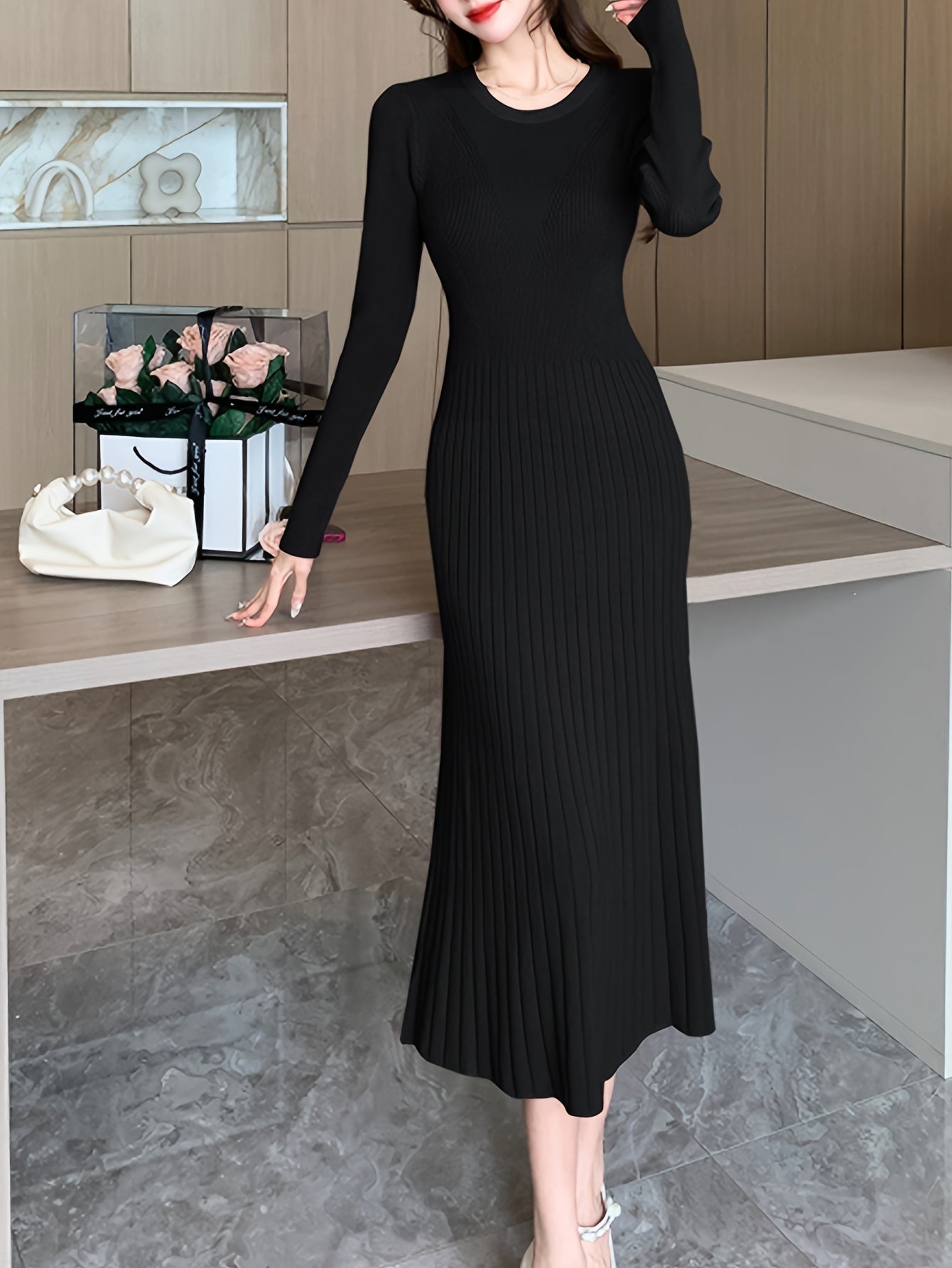 Antmvs Solid Color Long Sleeve Knit Dress, Chic Long Sleeve Crew Neck A-line Dress, Women's Clothing