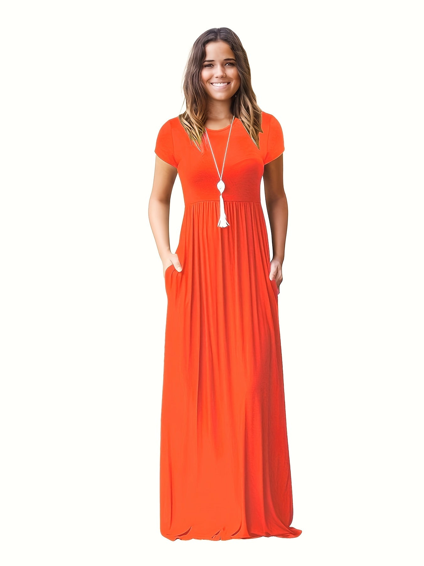 Antmvs Pleated Maxi Dress, Casual Crew Neck Short Sleeve Dress With Pockets, Women's Clothing