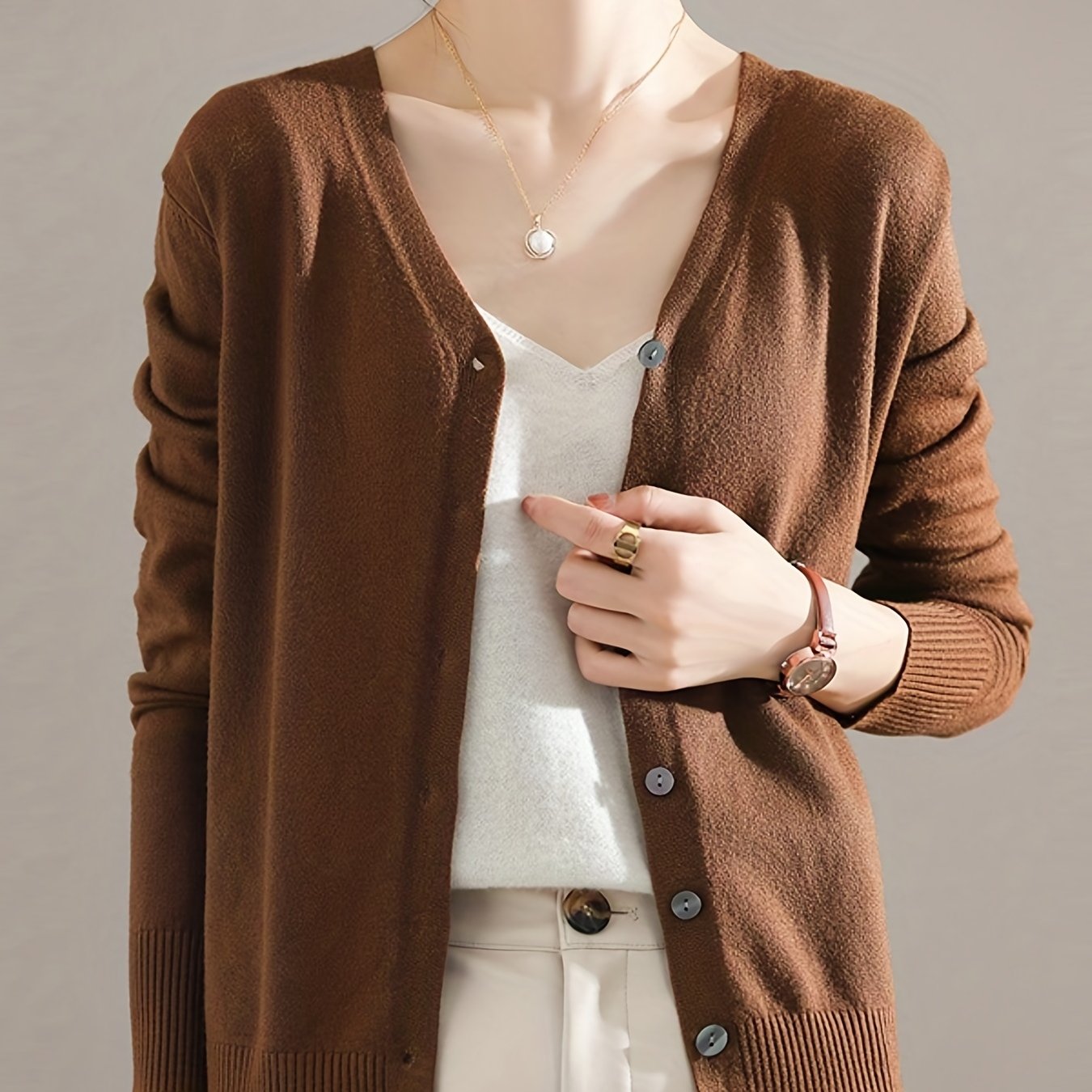 Antmvs Elegant V-neck Solid Cardigan, Long Sleeve Cardigan For Spring & Fall, Women's Clothing
