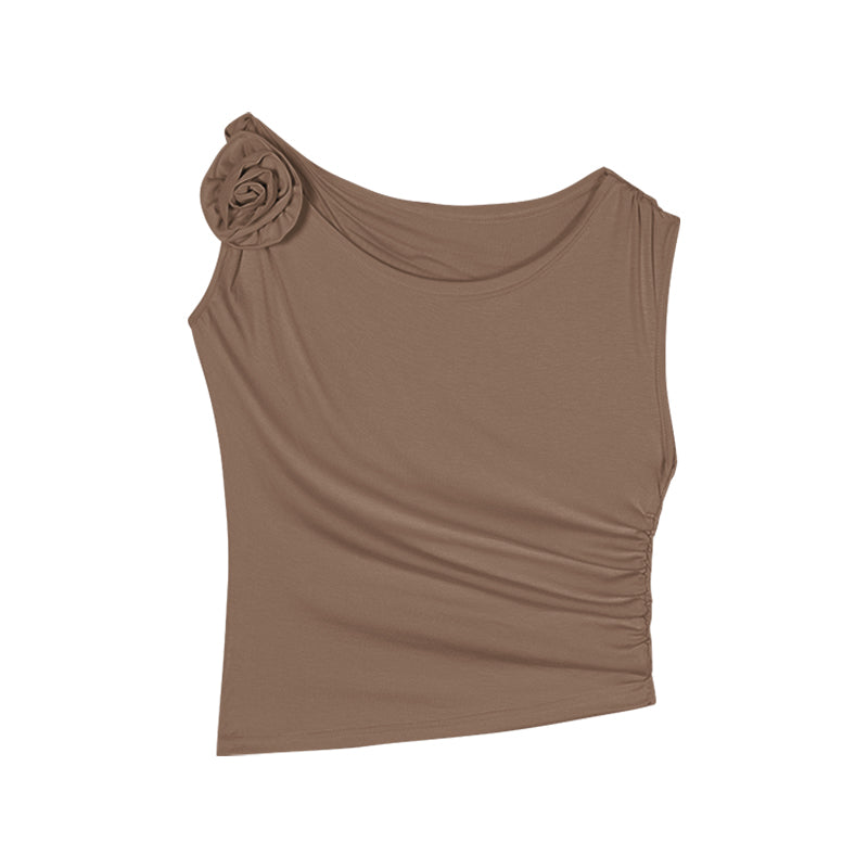 Antmvs Stella Solid Color Three-Dimensional Floral Slanted Off-the-Shoulder Pleated Slim Cropped Top