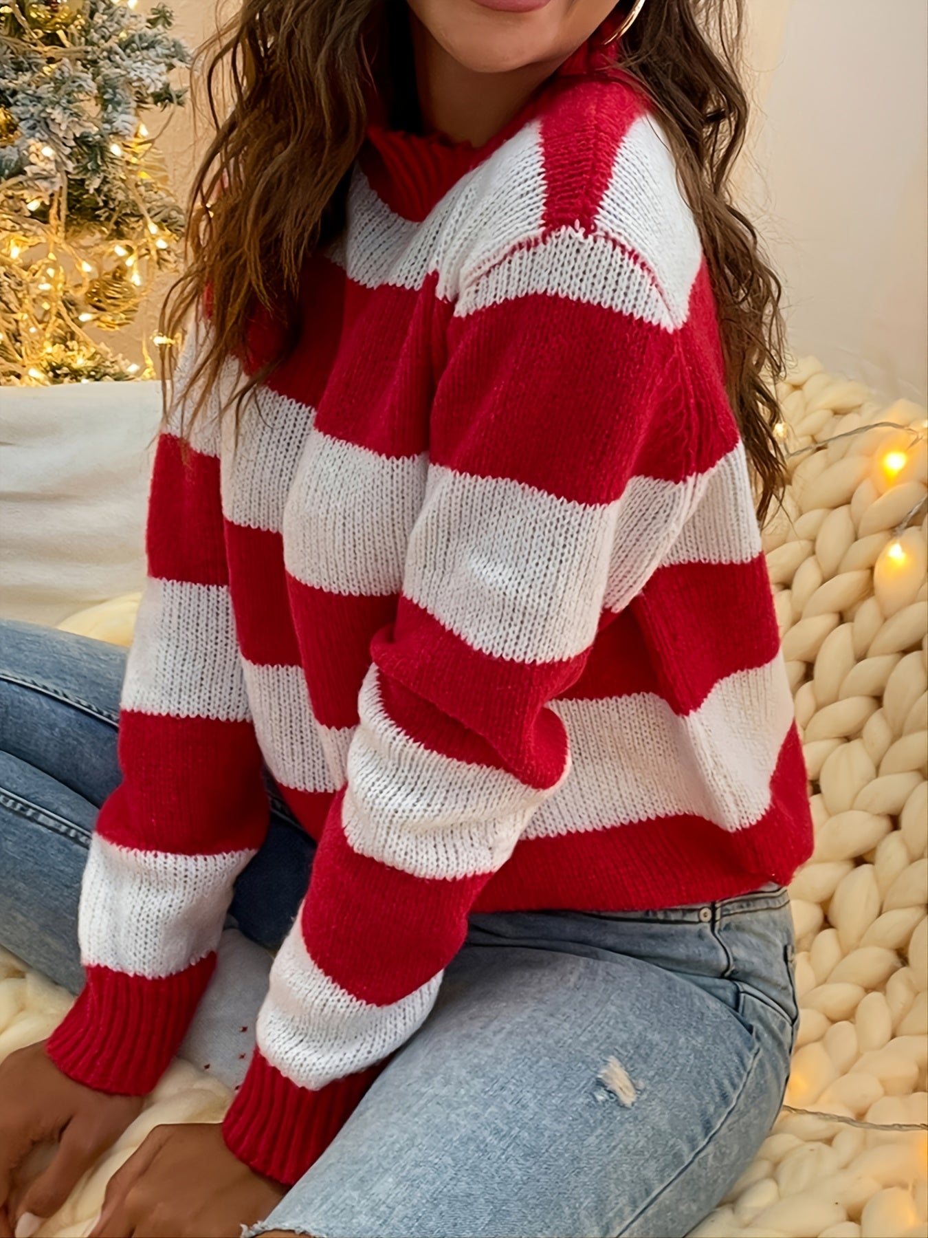 Antmvs Striped Crew Neck Sweater, Casual Color Block Long Sleeve Loose Fall Winter Knit Sweater, Women's Clothing