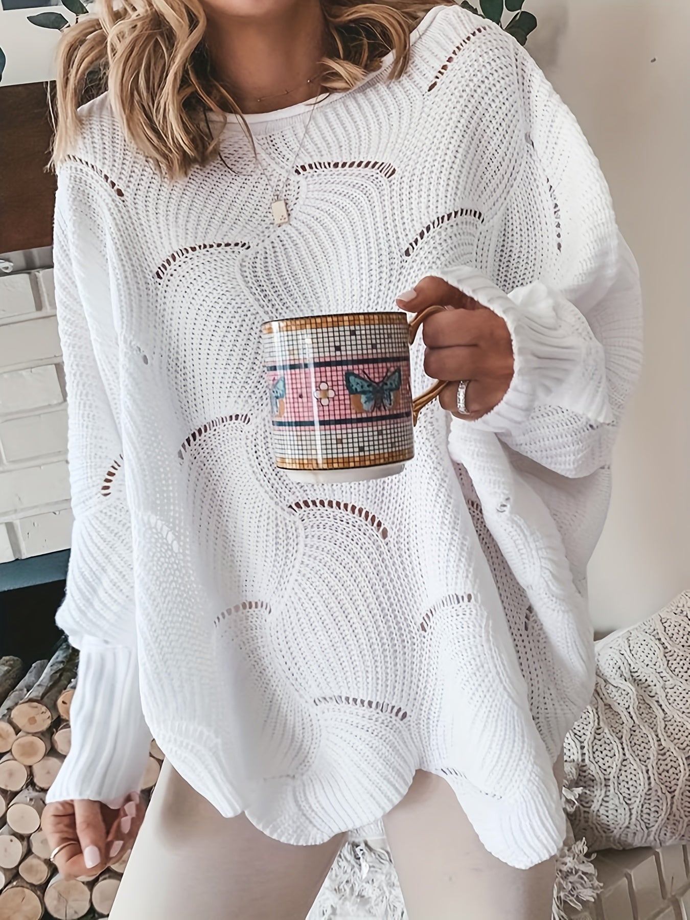 Antmvs Solid Cutout Irregular Hem Knit Sweater, Casual Crew Neck Long Sleeve Pullover Sweater, Women's Clothing