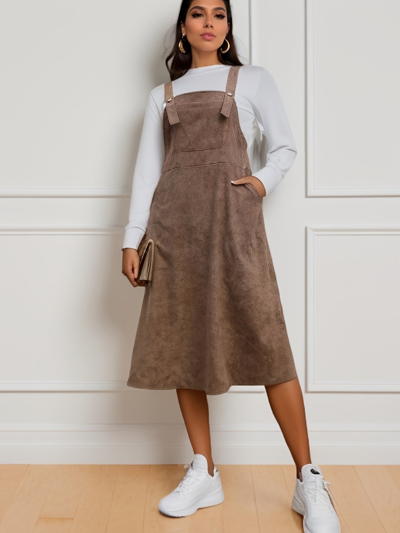 Antmvs Preppy Solid Cami Dress, Casual Sleeveless Simple Midi Dress For Spring & Fall, Women's Clothing