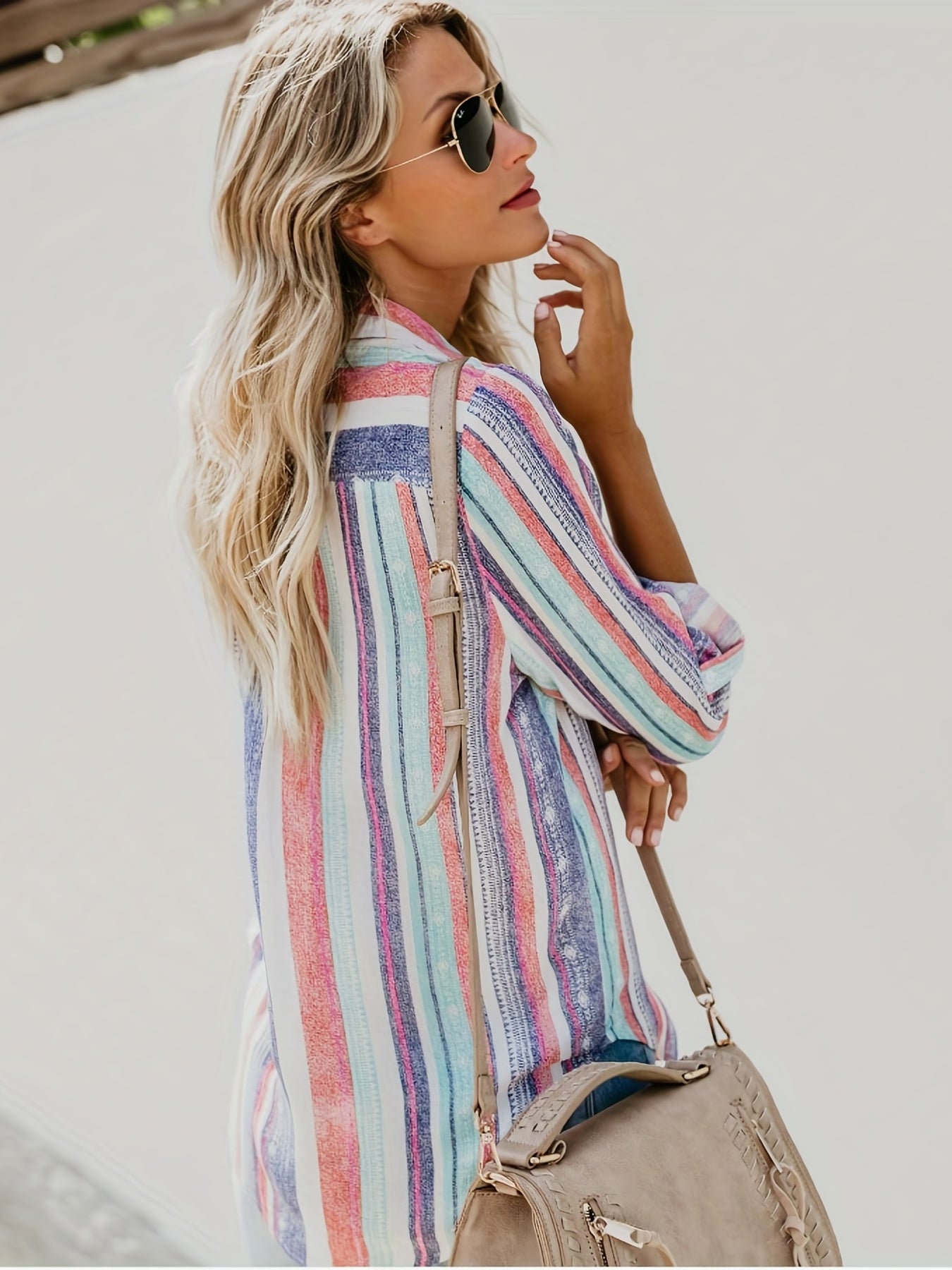 Antmvs Casual Striped Shirt, Button Up Top For Spring & Fall, Women's Clothing