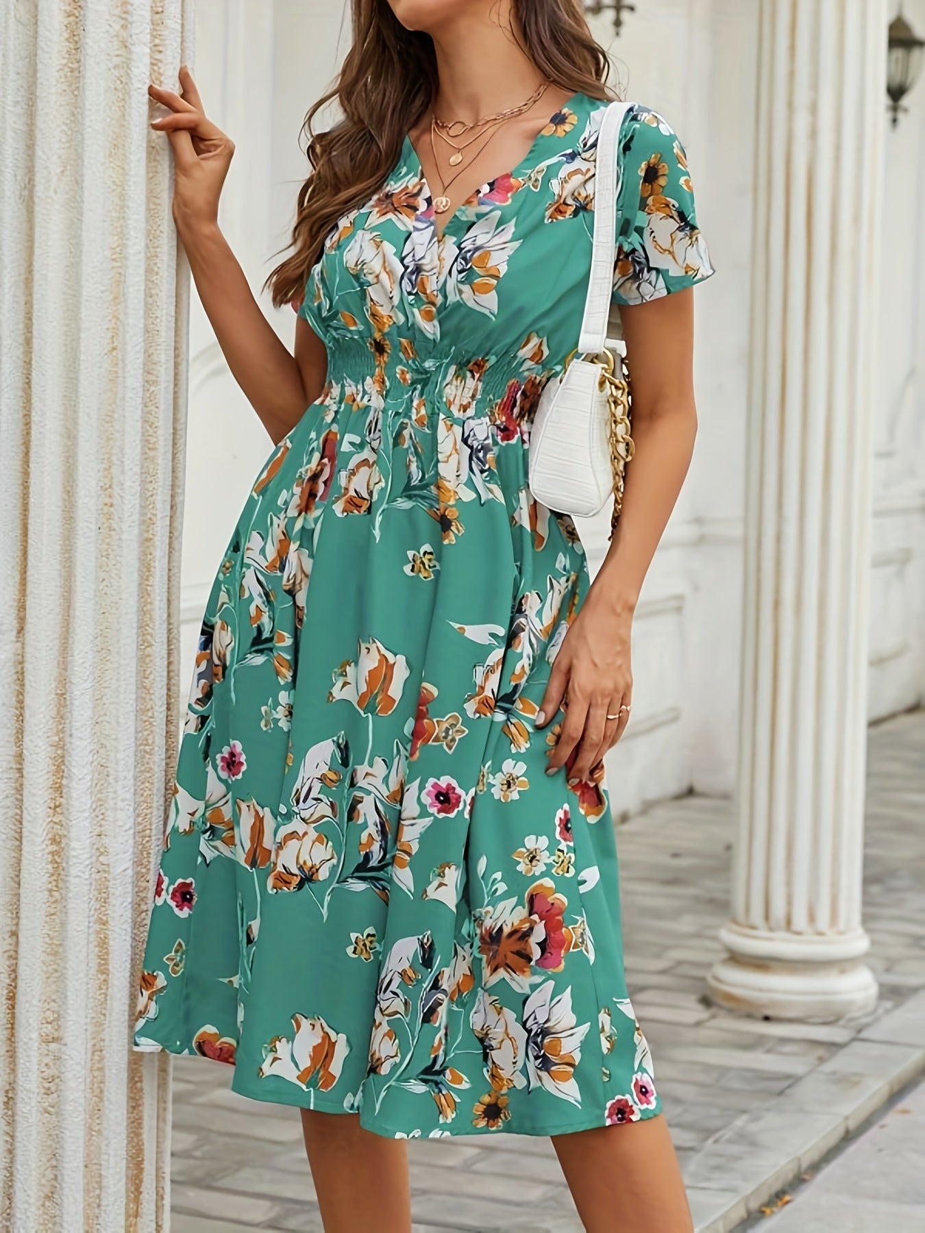 Antmvs Floral Print Shirred Waist Dress, Casual V Neck Short Sleeve Dress For Spring & Summer, Women's Clothing