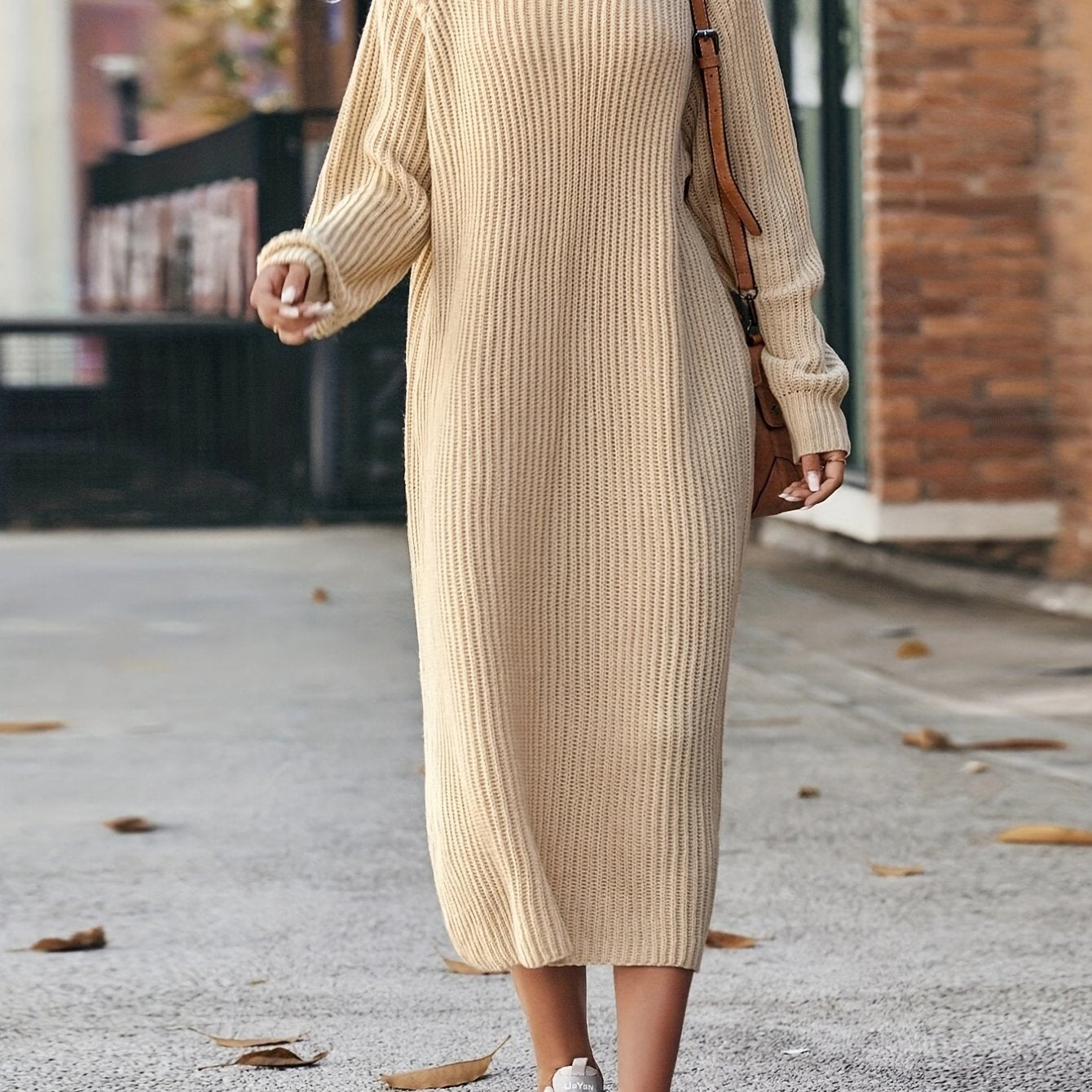 Antmvs Turtleneck Ribbed Sweater Dress, Casual Solid Long Sleeve Midi Dress, Women's Clothing