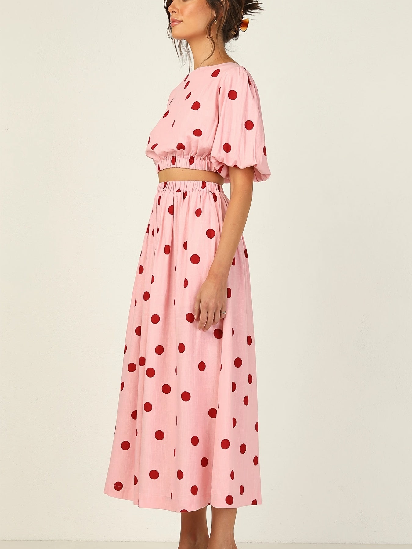 Antmvs Valentine's Day Sexy Pink Polka Dot Dresses Two-piece Set, Crew Neck Short Sleeve Tops & Long Skirt Set, Women's Clothing