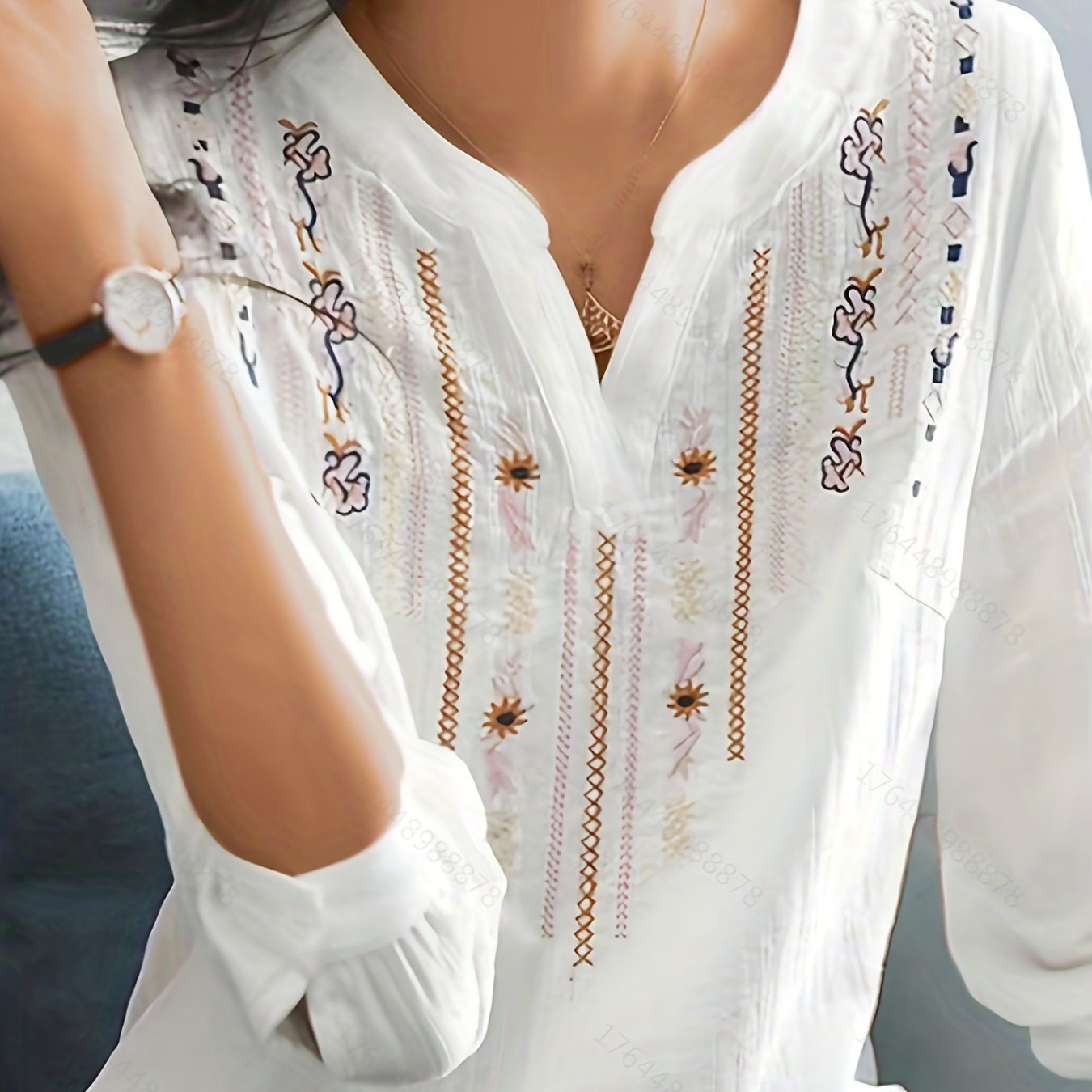 Antmvs Embroidery Ethnic Style V-neck Shirt, Casual Long Sleeve Spring & Autumn Shirts Tops, Women's Clothing