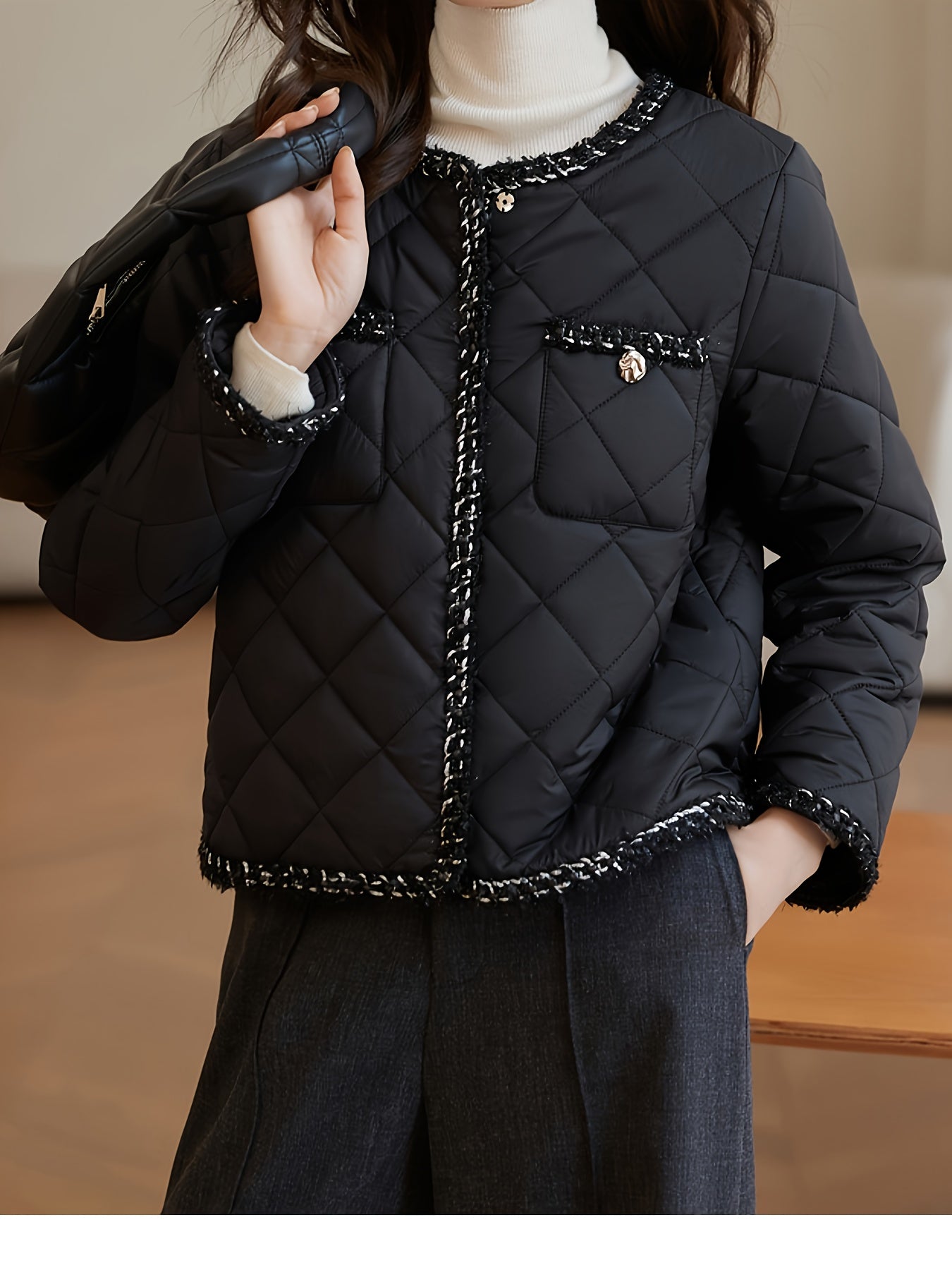 Antmvs Solid Color Button Front Jacket, Elegant Crew Neck Contrast Trim Pockets Long Sleeve Jacket For Fall & Winter, Women's Clothing