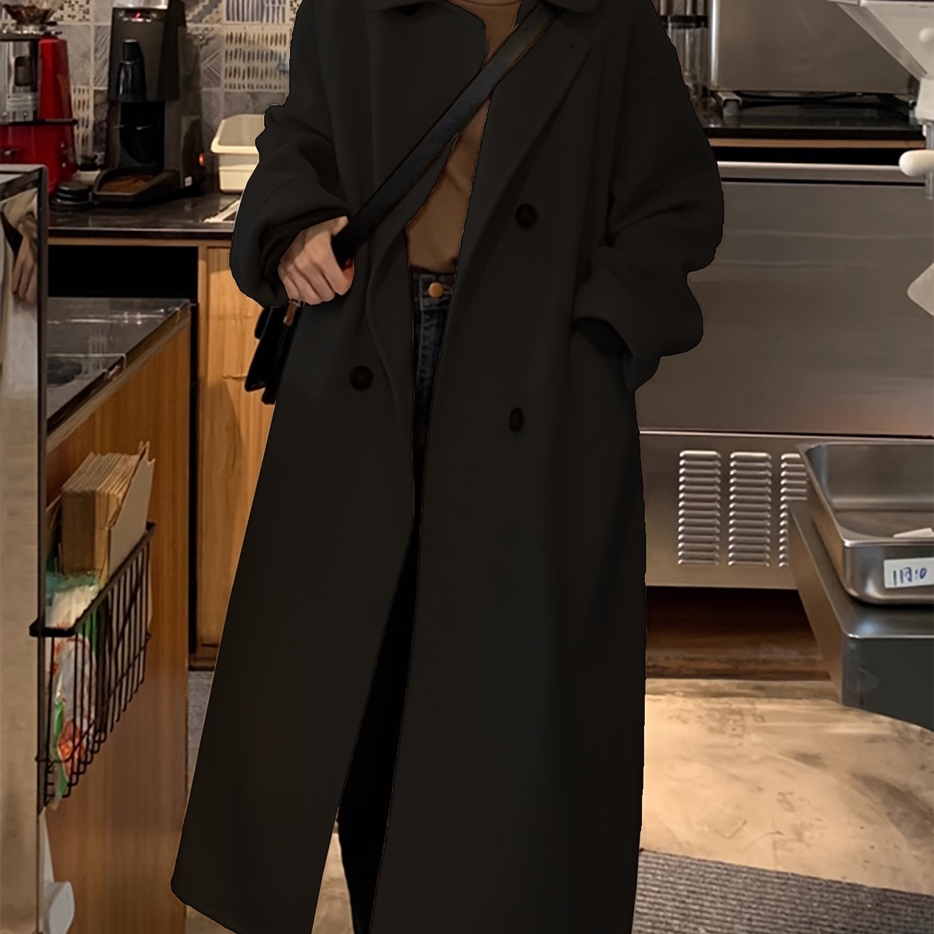 Antmvs Solid Double Breasted Pockets Overcoat, Versatile Long Sleeve Winter Warm Outwear For Fall & Winter, Women's Clothing
