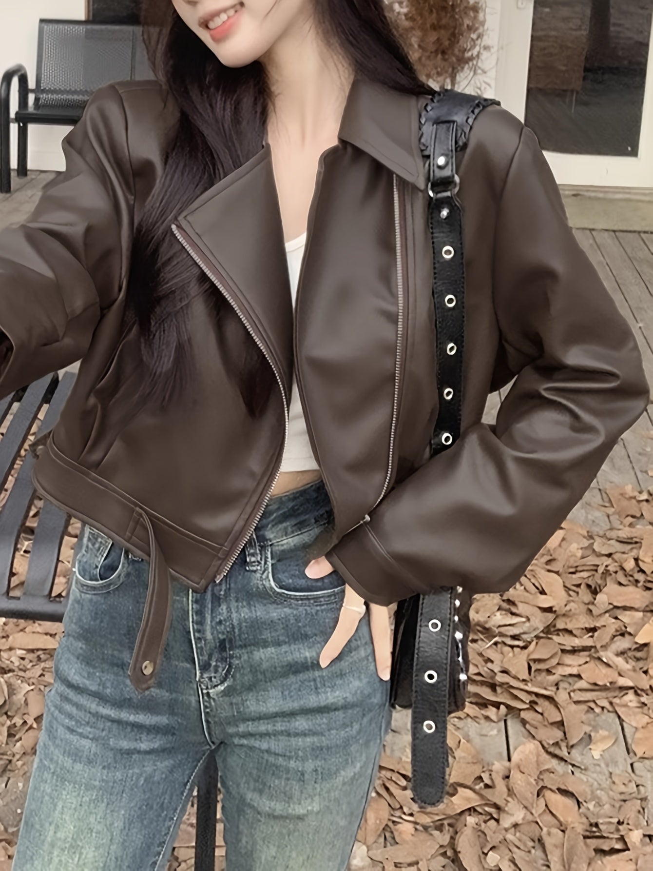 Antmvs Faux Leather Zip-up Jacket, Casual Long Sleeve Crop Biker Jacket For Fall & Winter, Women's Clothing